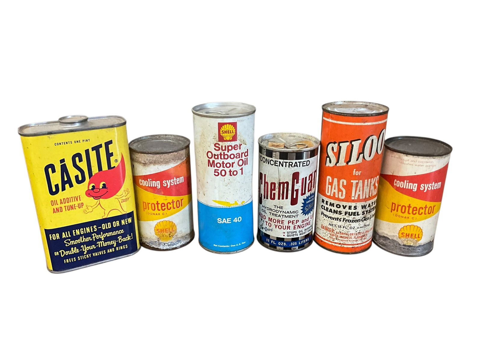 Lot Of 8 Sealed Vintage Tins CASITE / SHELL / SILOO / CHEMGUARD: All in well used condition and need cleaning. All are still sealed. See photos.