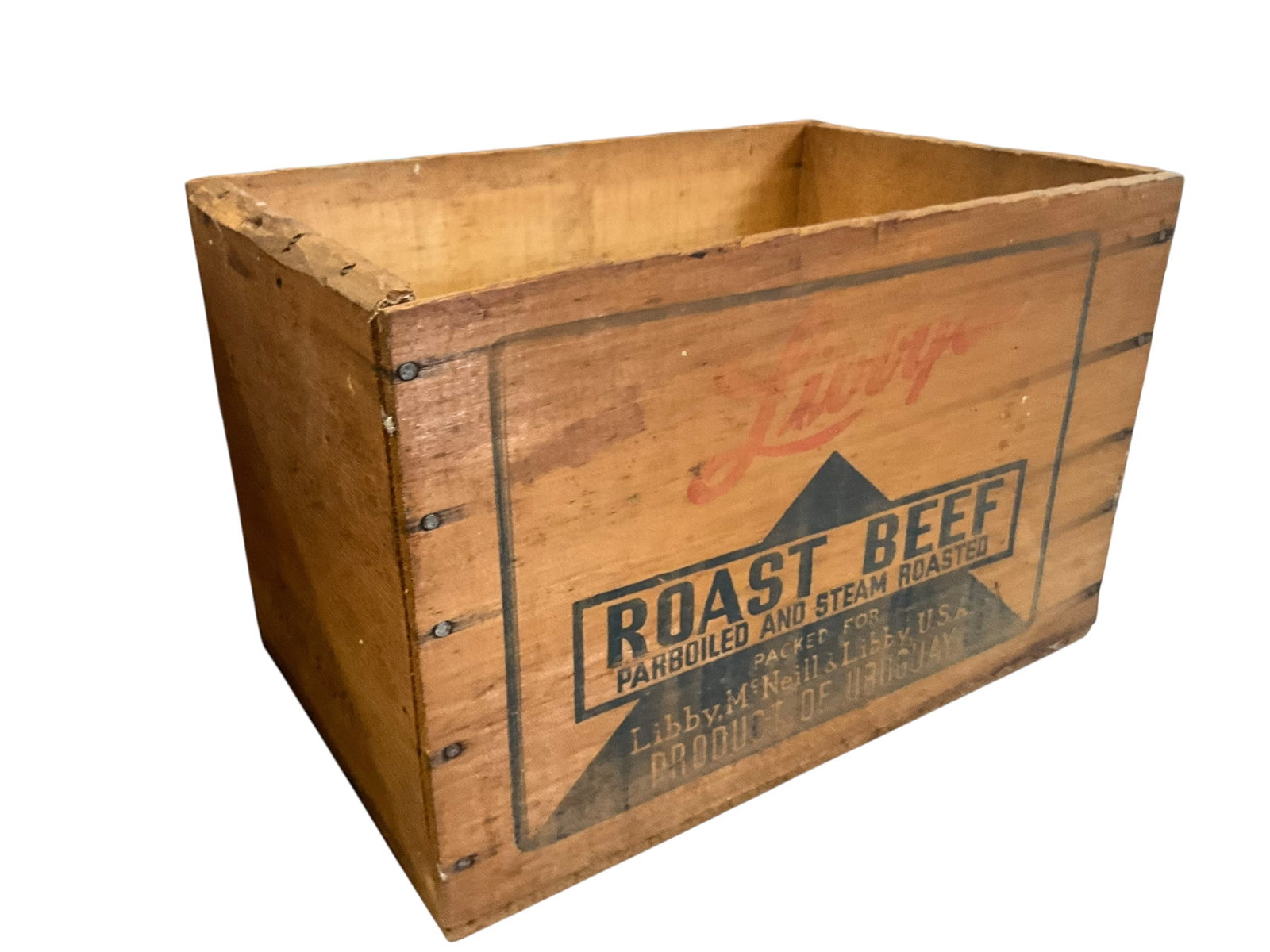Vintage LIBBY’S ROAST BEEF Wooden Crate: Good condition. 13 1/4 inches wide x 8 1/2 inches tall x 8 3/4 inches deep. See photos.