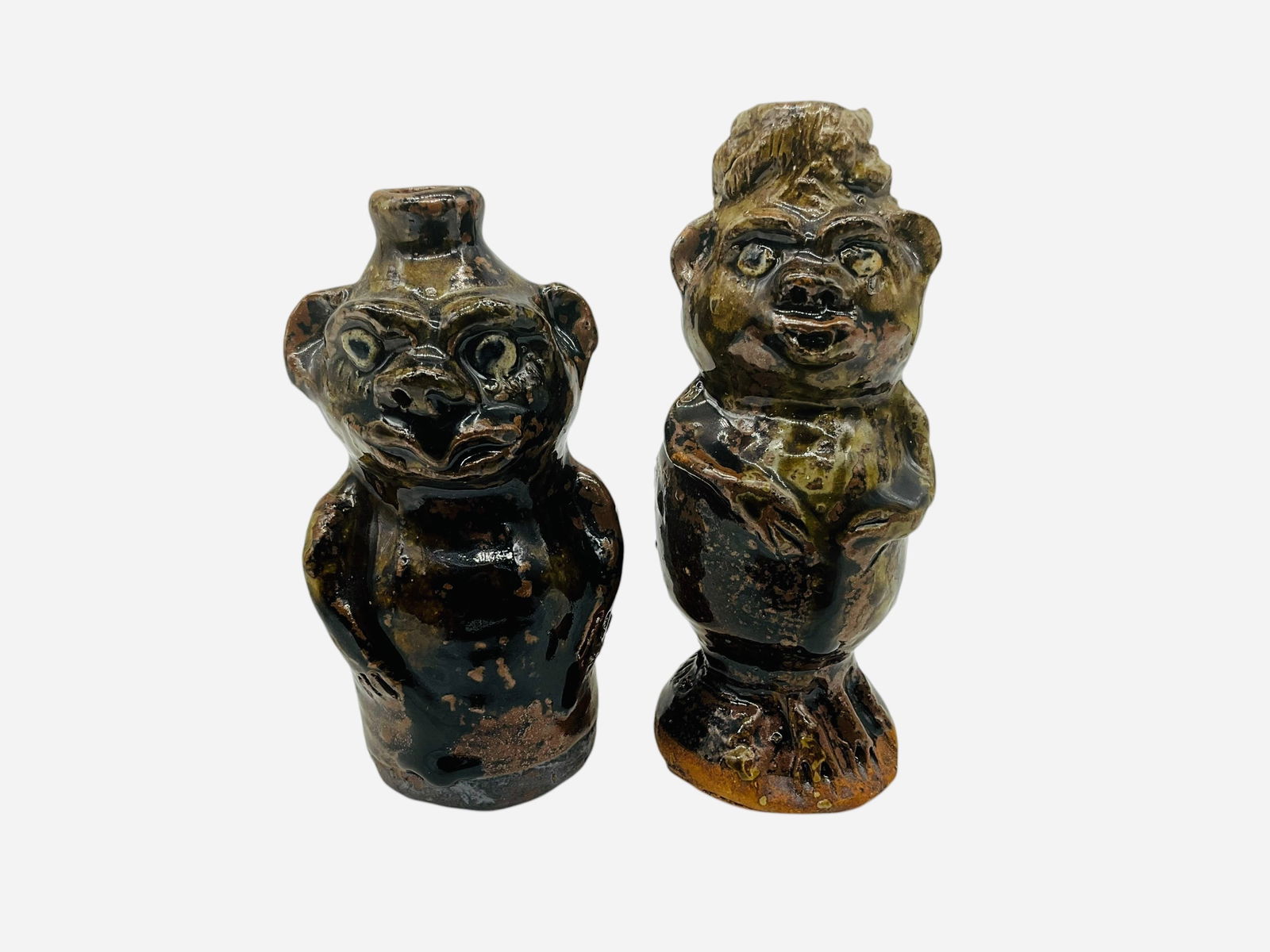 Pair Marie Rogers Flask Figurals: Mint condition. Both pieces signed and stamped. Taller piece measures 5.25 inches tall. Other figural stands 4.75 inches.