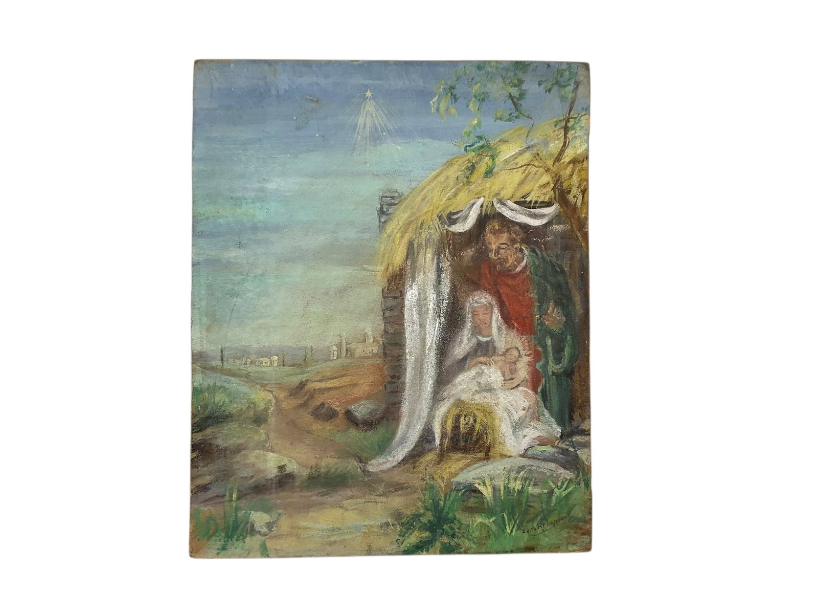 Edith Marie Flanders - Manger Scene Painting: Excellent condition. Circa 1930's. Painting on board. Signed bottom right. Measures 20 inches by 16 inches.