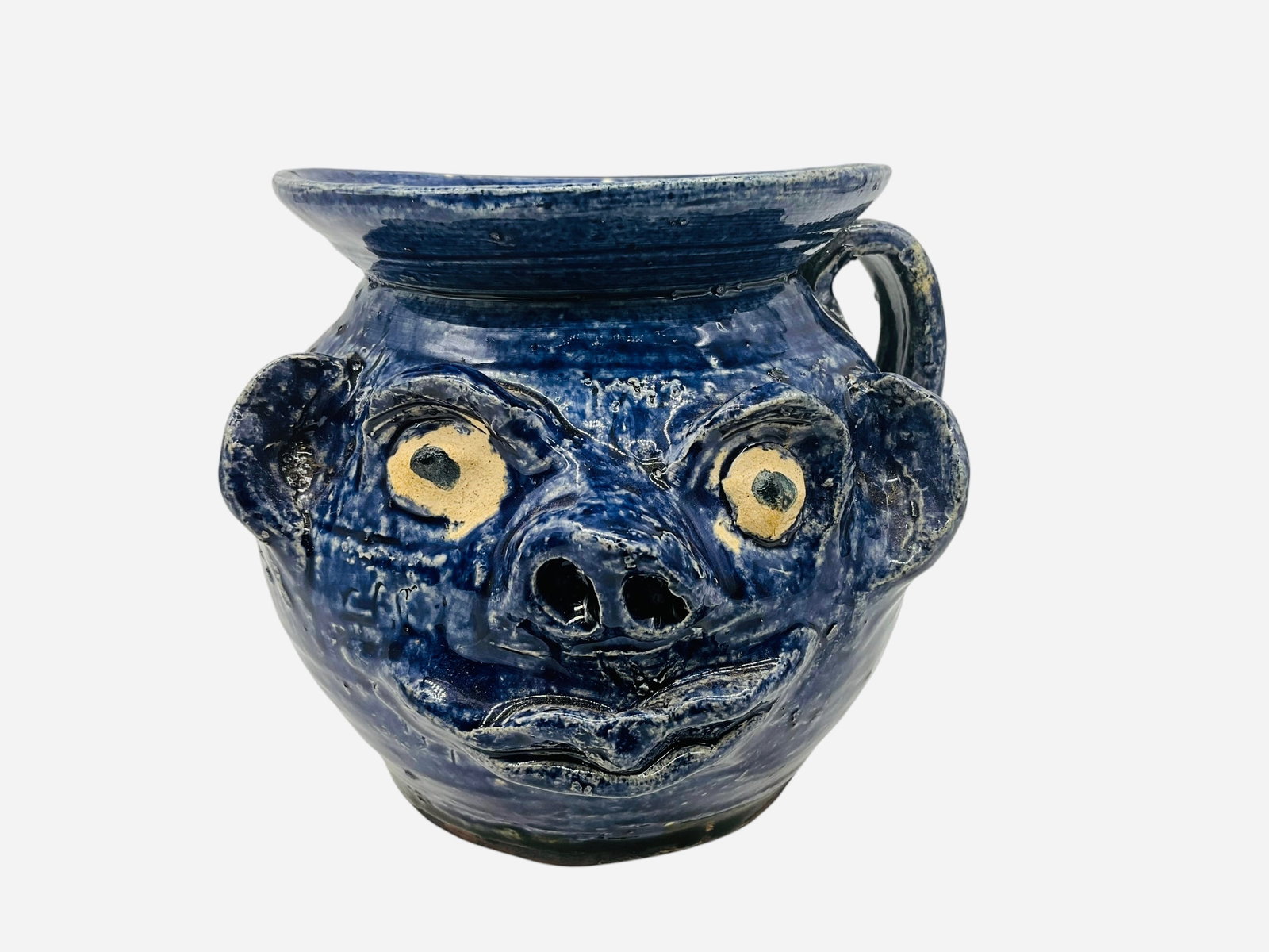 Marie Rogers Blue Face Spittoon: Mint condition. Signed and stamped on back. Measures L 5.5" x W 6" x H 5".
