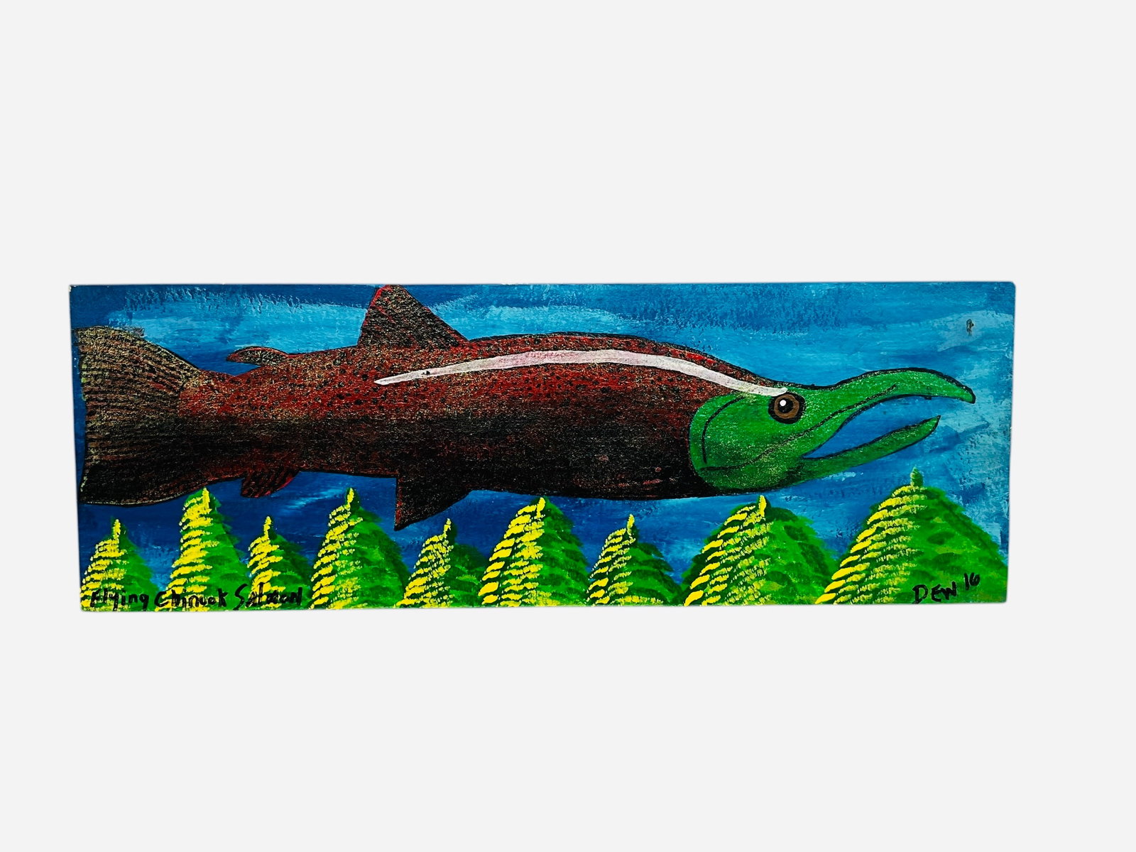 Flying Chinook Salmon Folk Art Painting DEW 2016: Painting on board. Excellent condition. Signed 'Dew' and dated 2016 at bottom right. Measures 23.5" by 8.25".