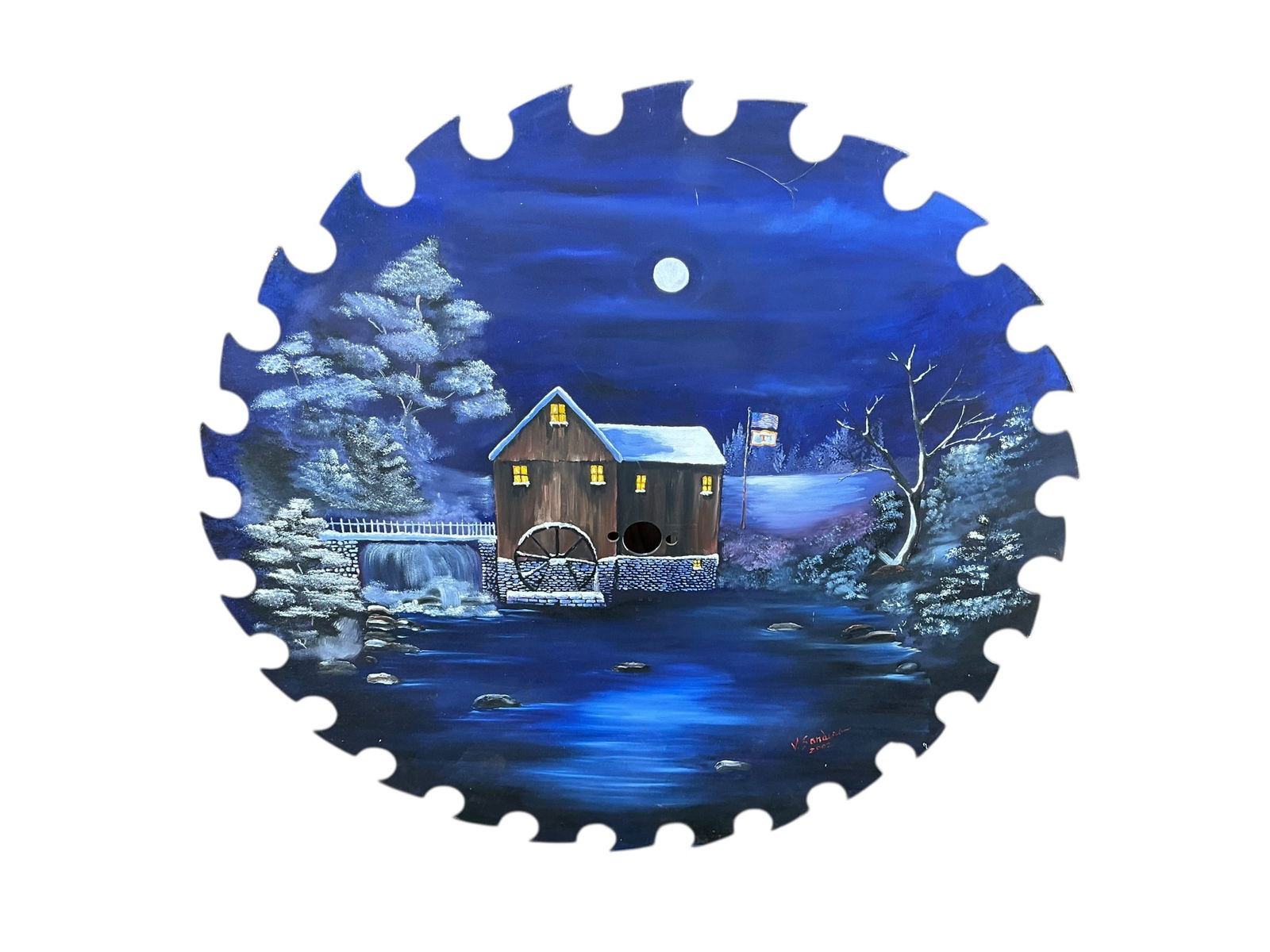 Huge Round Saw Blade With Painted Old Mill Water Wheel Snowy Night (1 of 3)