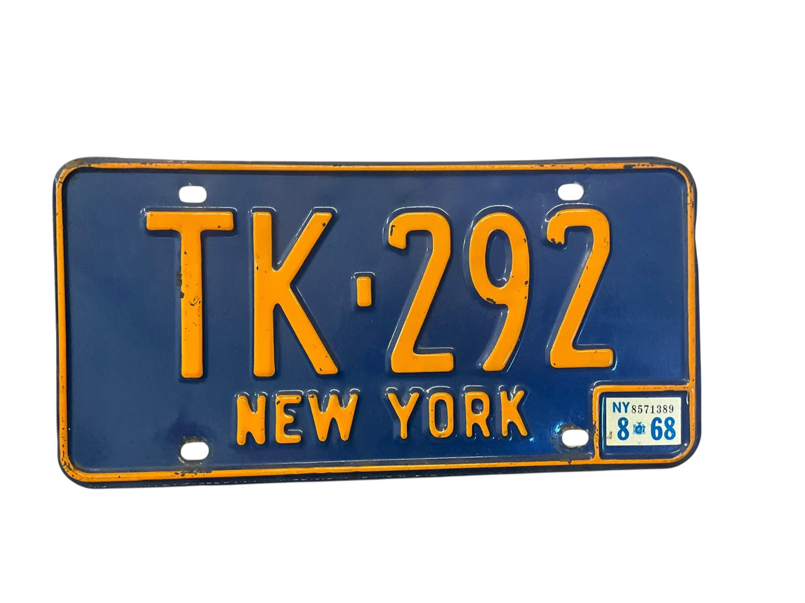 New York 1968 Auto License Plate Tag: Used condition. See photos.