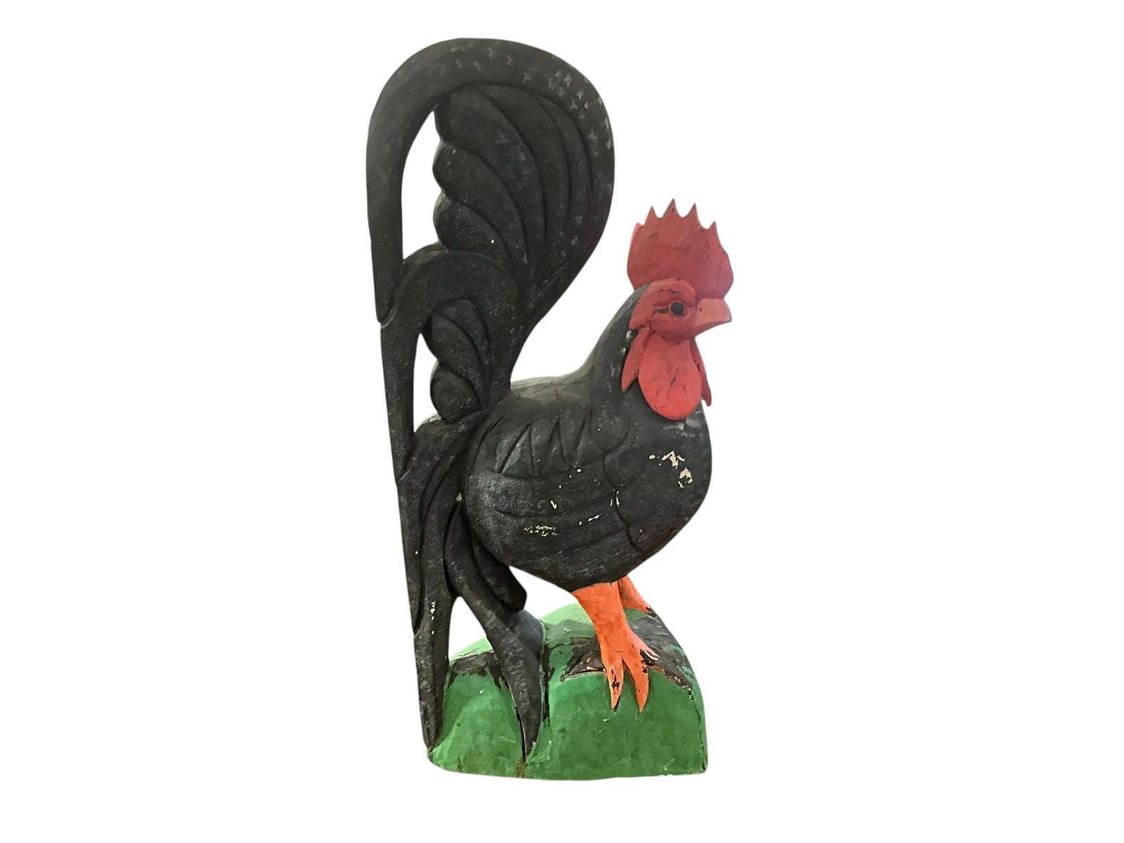 Wood Carved Painted Folk Art Chicken: Excellent condition. Unsigned. Measures L 9.75" x W 4" x H 24".