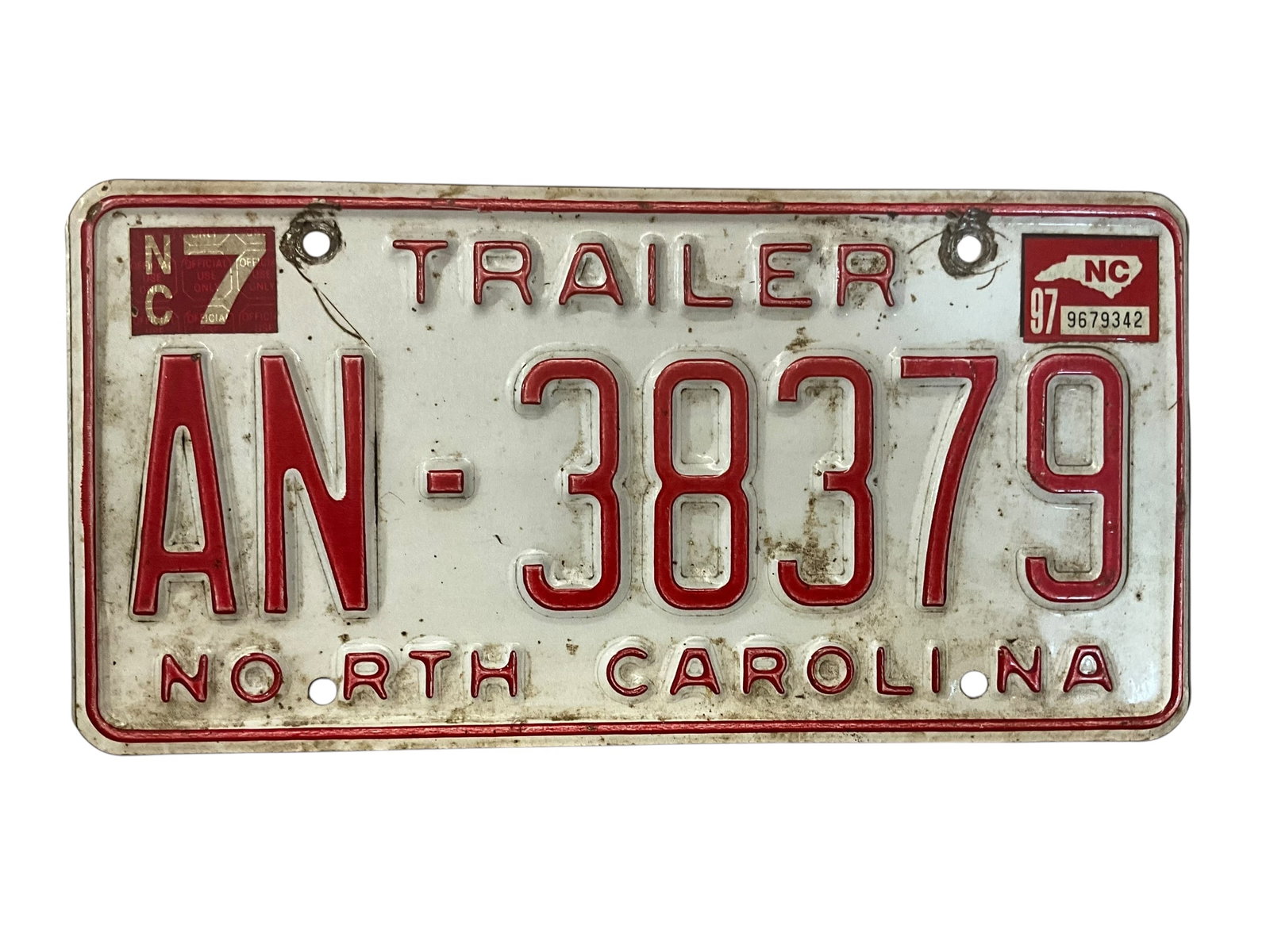 1997 North Carolina Trailer Auto License Plate Tag: Used condition. See photos.