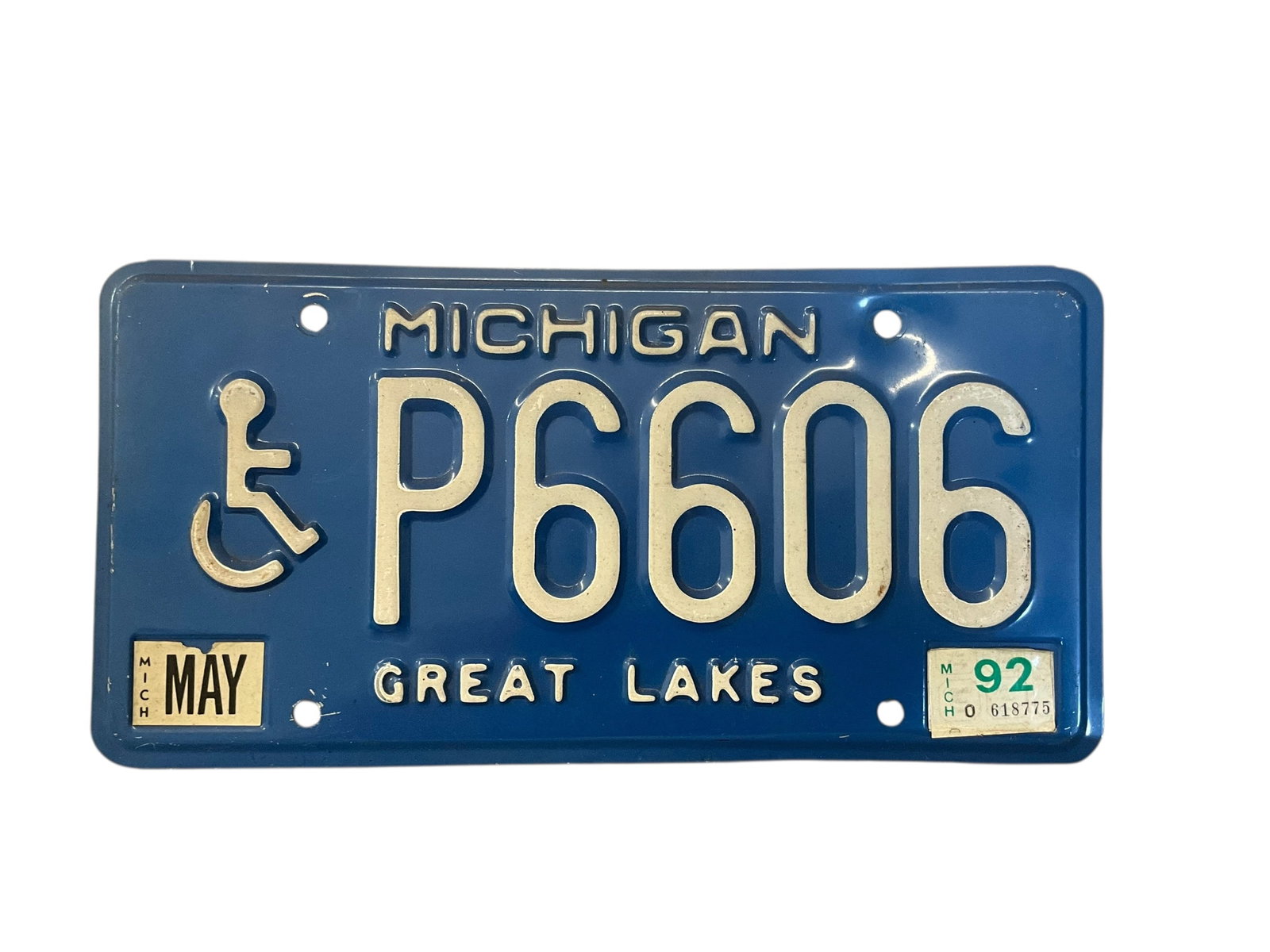 1992 Michigan Handicap Auto License Plate Tag: Used condition. See photos.