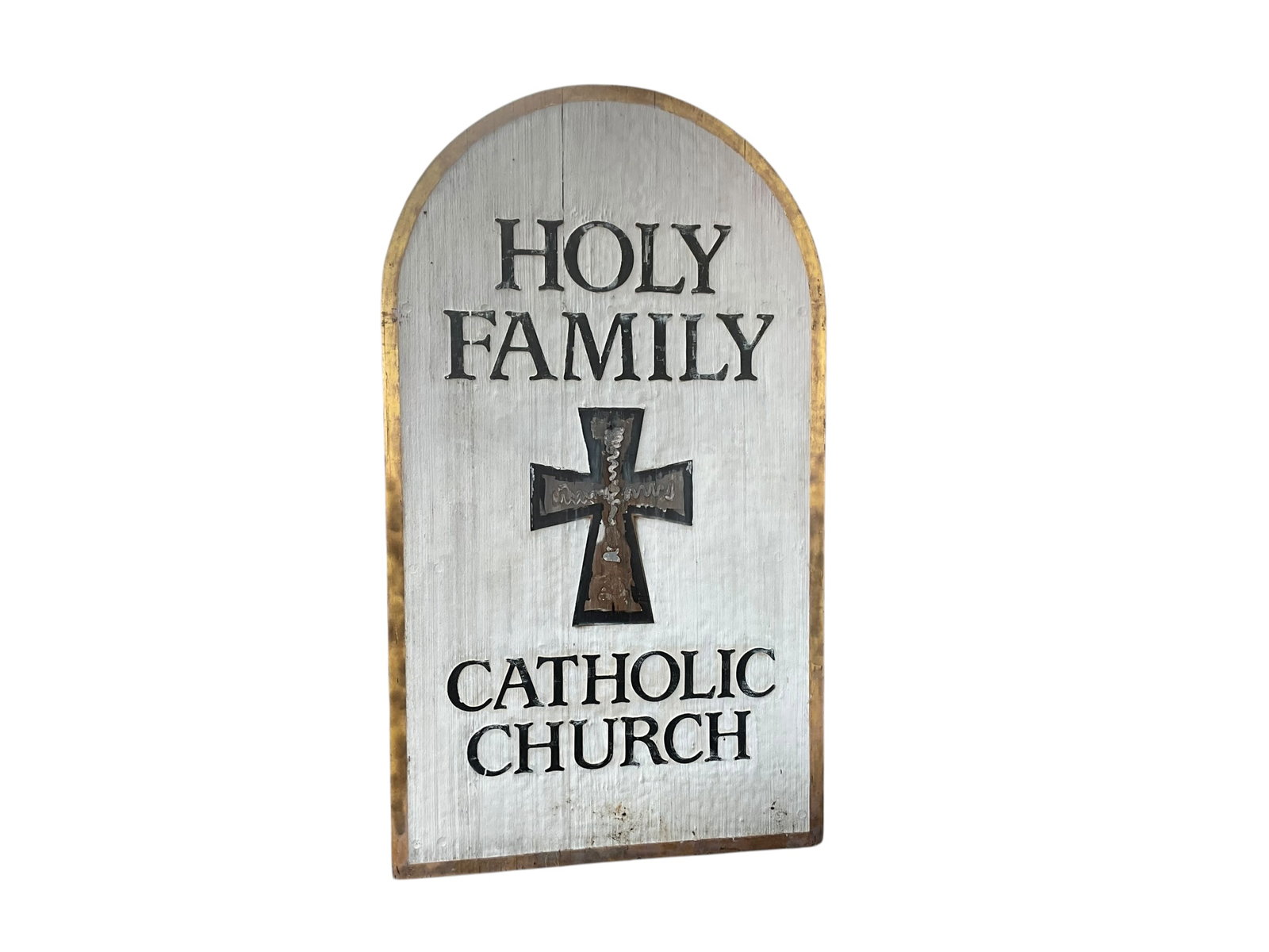 Over 7 Foot Tall HOLY FAMILY CATHOLIC CHURCH Wood Sign: Used condition and heavy. Measures 94 inches tall x 54 1/4 inches wide. 1 1/2 inch thick. See photos.NO IN HOUSE SHIPPING ON THIS ITEM. BUYER MUST PICK UP OR ARRANGE SHIPPING.