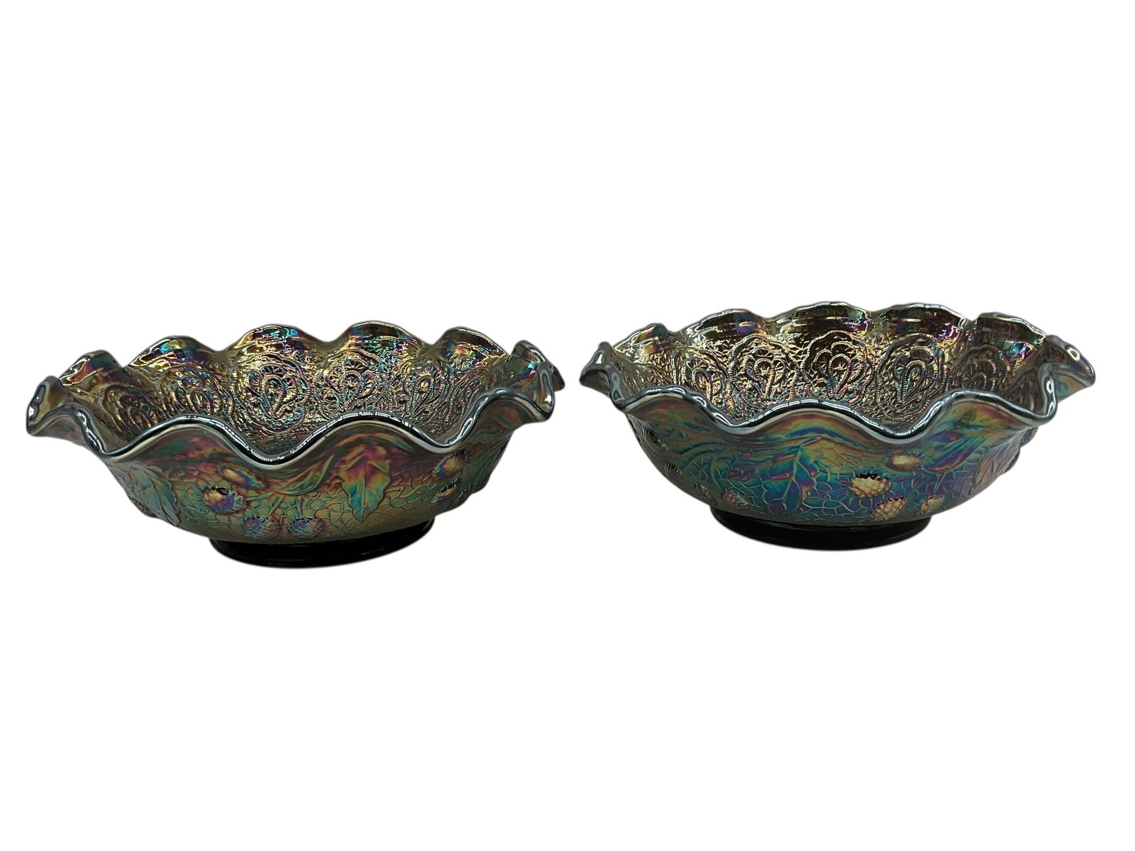 Pair Vintage Fenton Persian Medallion Carnival Glass Ruffled Bowls (1 of 3)