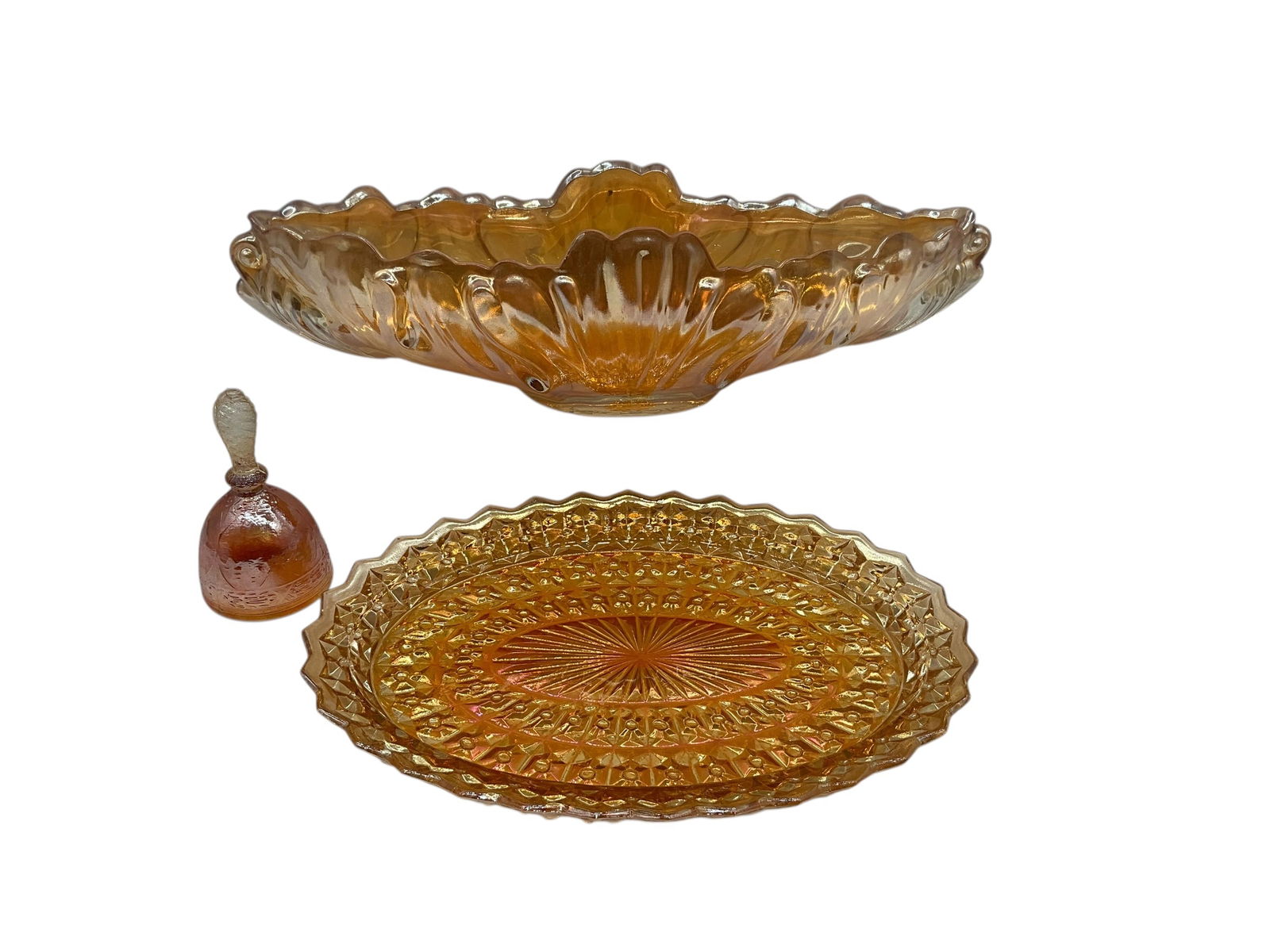 Lot Of 3 Carnival Glass Platter / Bowl / Bell (1 of 2)