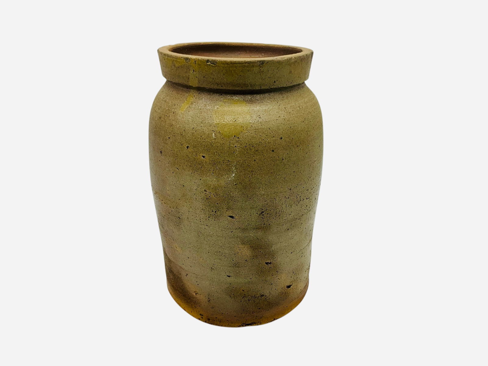 Antique Stoneware Canister Crock: Excellent condition considering age. Minor chipping around rim. Unsigned, maker unknown. Measures 9.5"H x 6.25"L x 6.25"W.