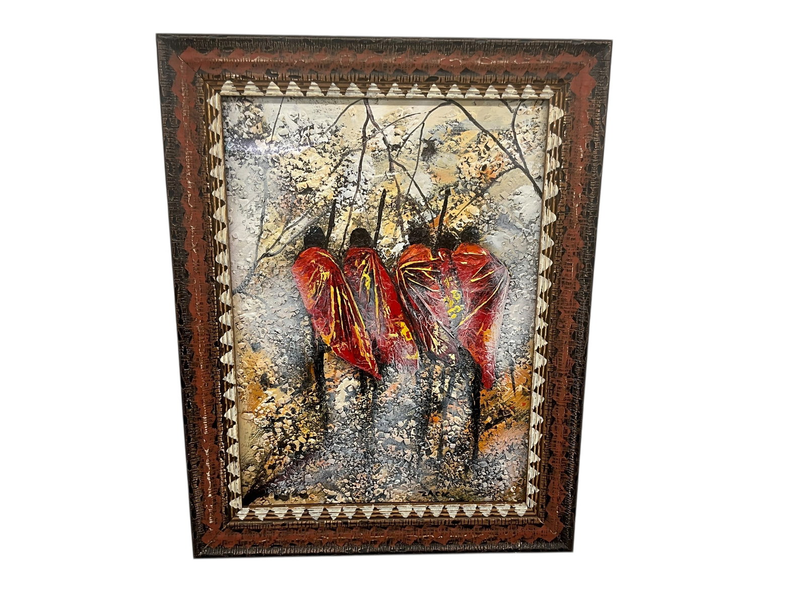 Zack Aswani Maasai Warriors African Framed Artwork Signed: Good condition. 17 1/2 x 13 3/4.