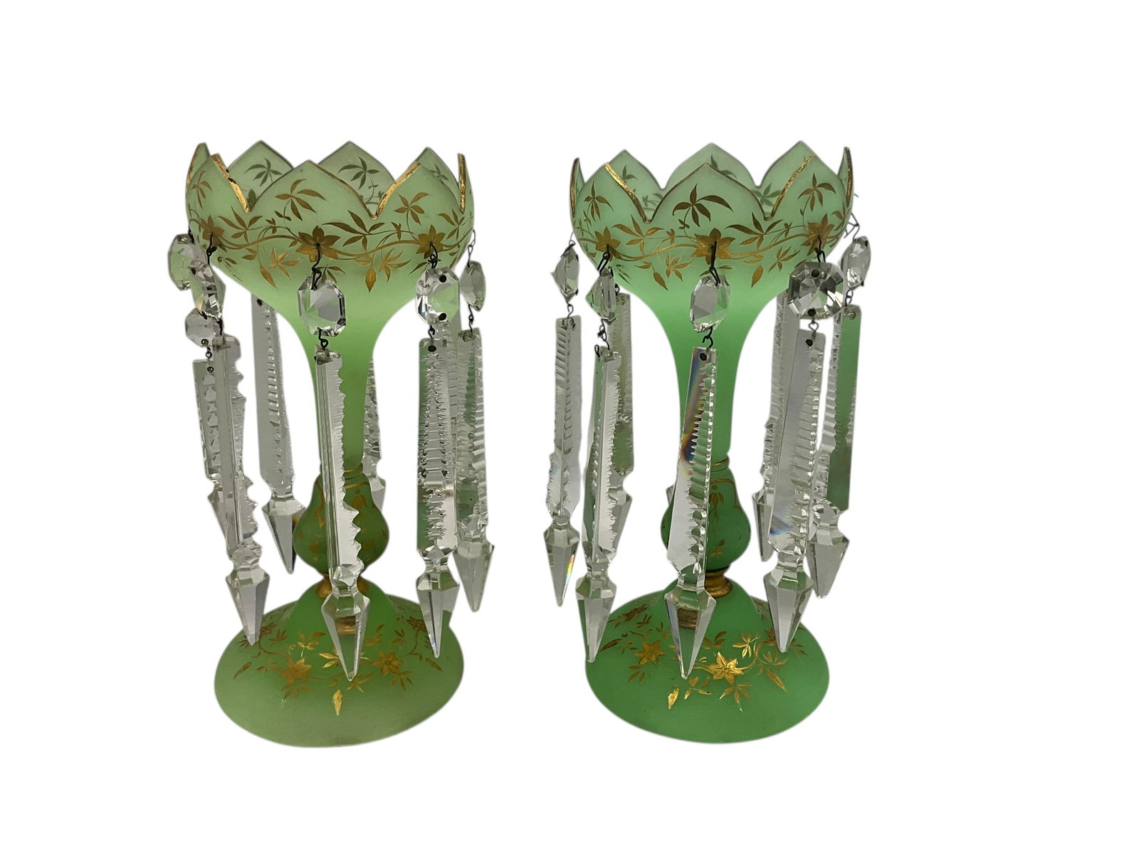 Pair Antique French Uranium Opaline Glass Lustres With Prisms: Good condition. Each measures 10 1/2 inches tall.