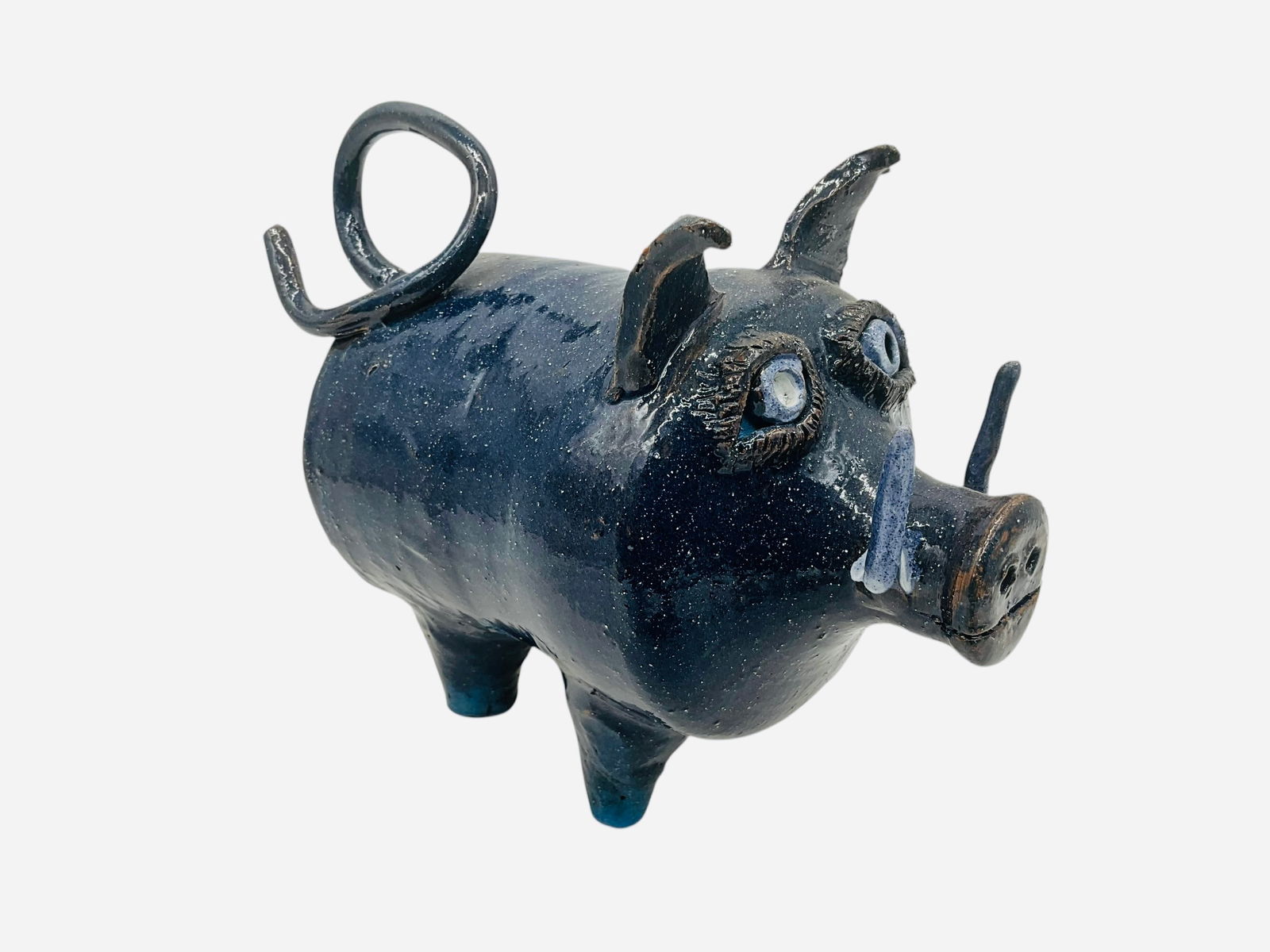 Jeff Tate Blue Pottery Hog: Mint condition. Measures 6" H x 8" L x 4" W. Signature covered by glaze on butt.