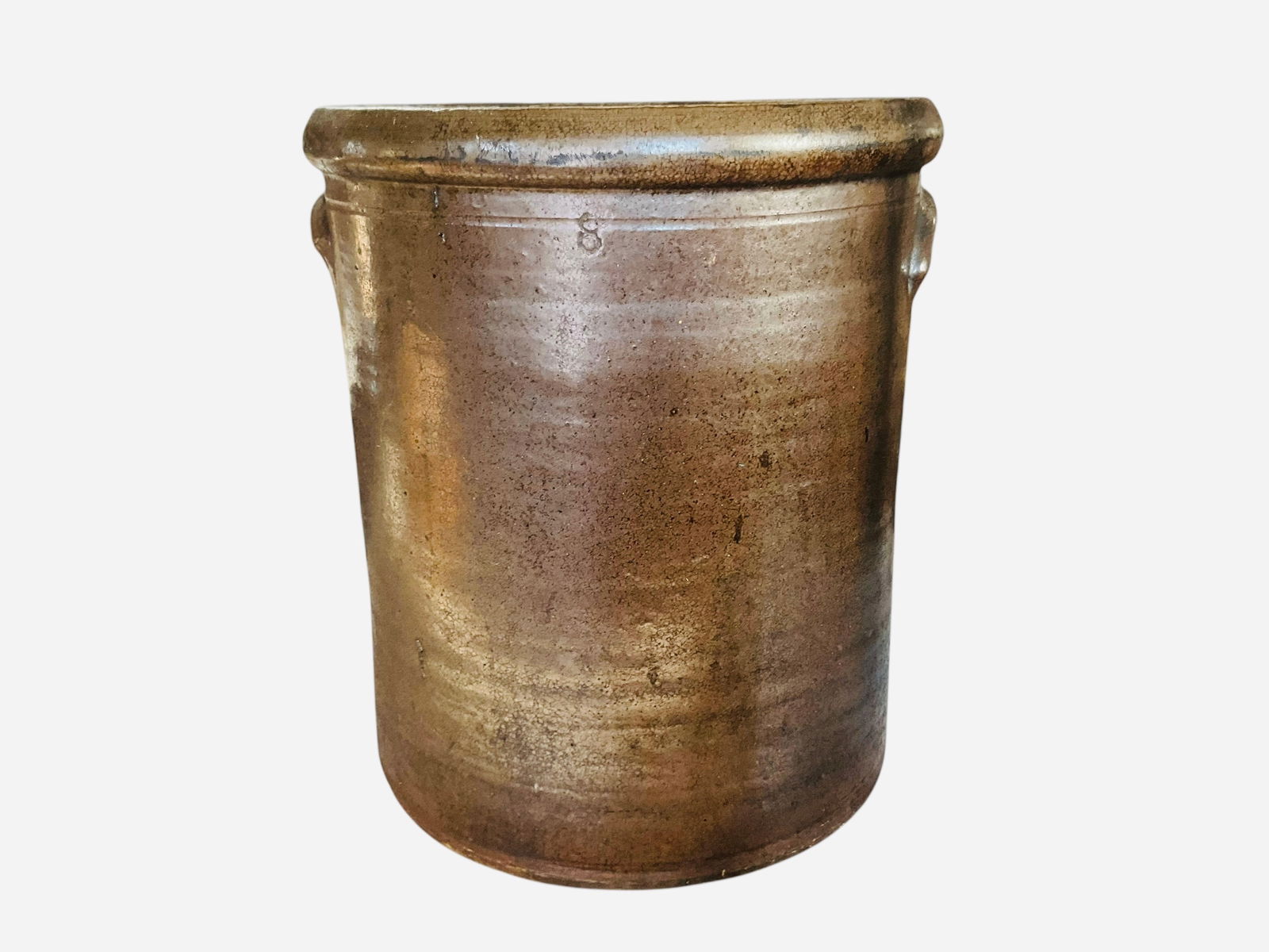 8 Gallon Stoneware Crock: Mint condition. Maker unknown. Measures 16"H x 13.5"L x 13.5"W.