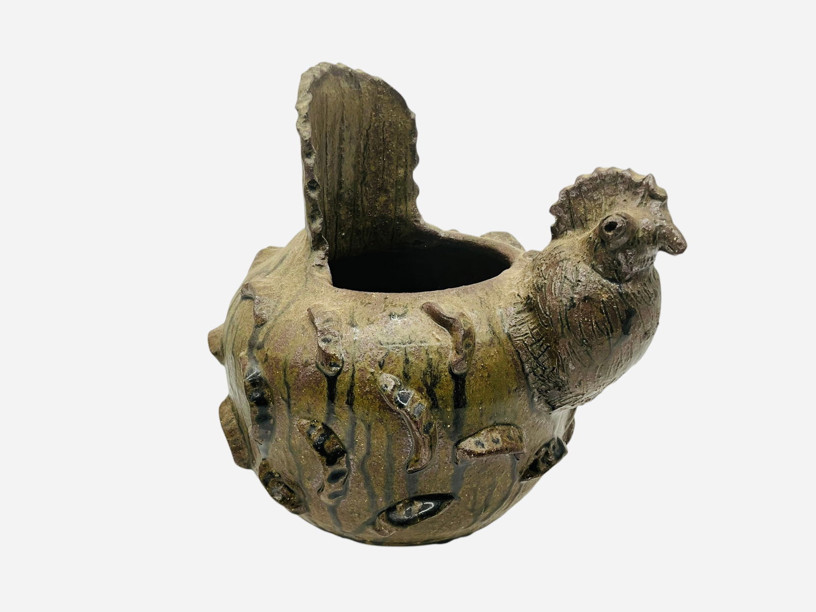 Grace Nell Hewell Rooster Bowl - 1994: Mint condition. Signed on bottom. Incised on back reads, "Which one comes first the chicken or the egg". Measures 10"H x 10"L x 8.5"W.