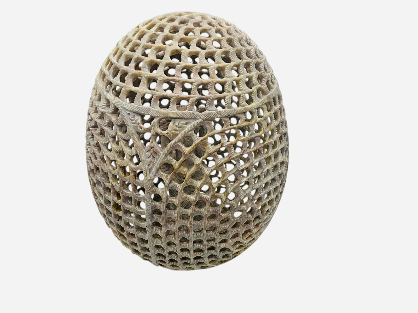 Handcrafted Jali Soapstone Egg Sculpture: Mint condition. 7 1/4 inches tall.