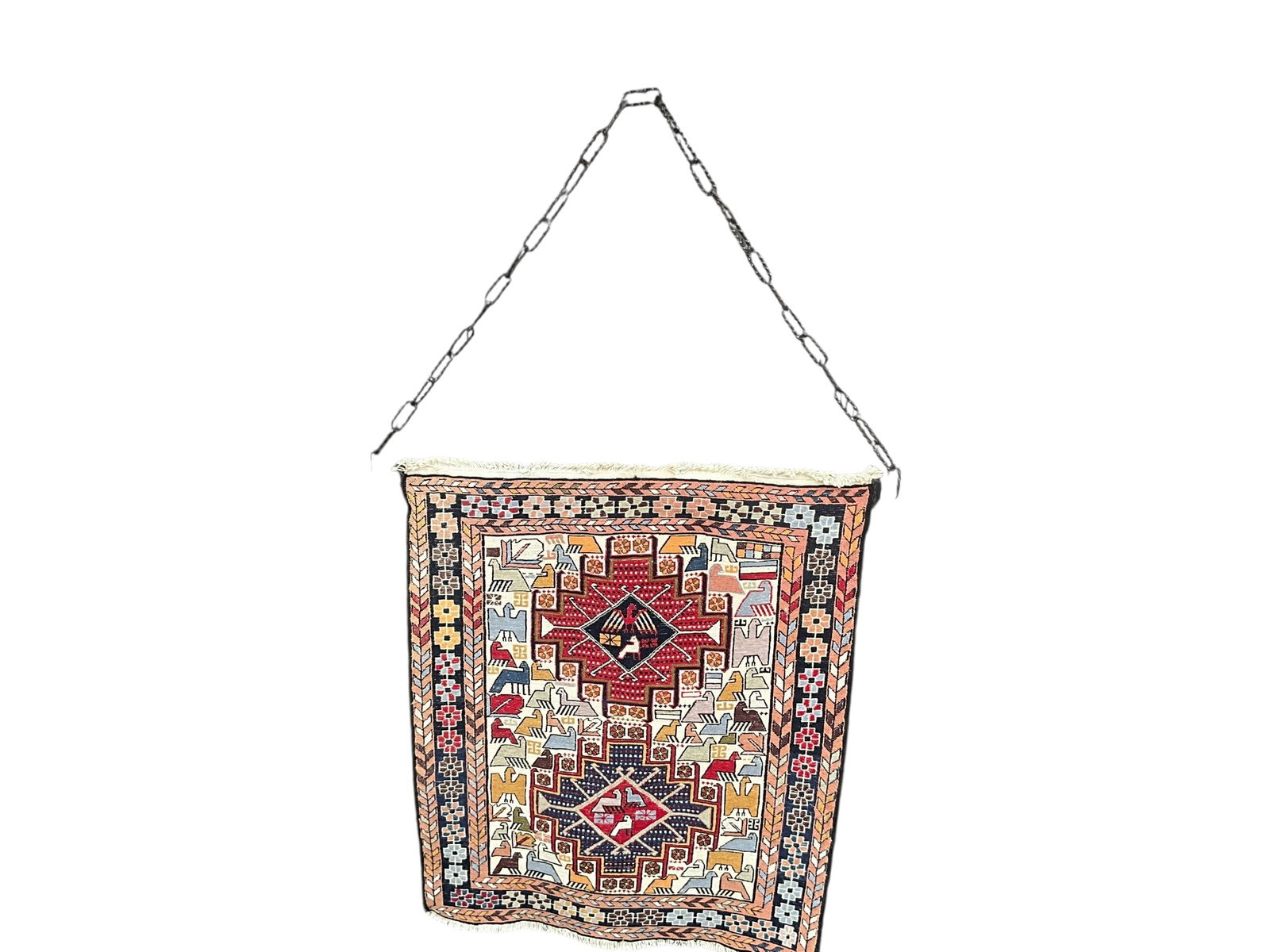 Handwoven Persian Sumak Kilim Rug With Tribal Patterns & Chain Hangar (1 of 7)