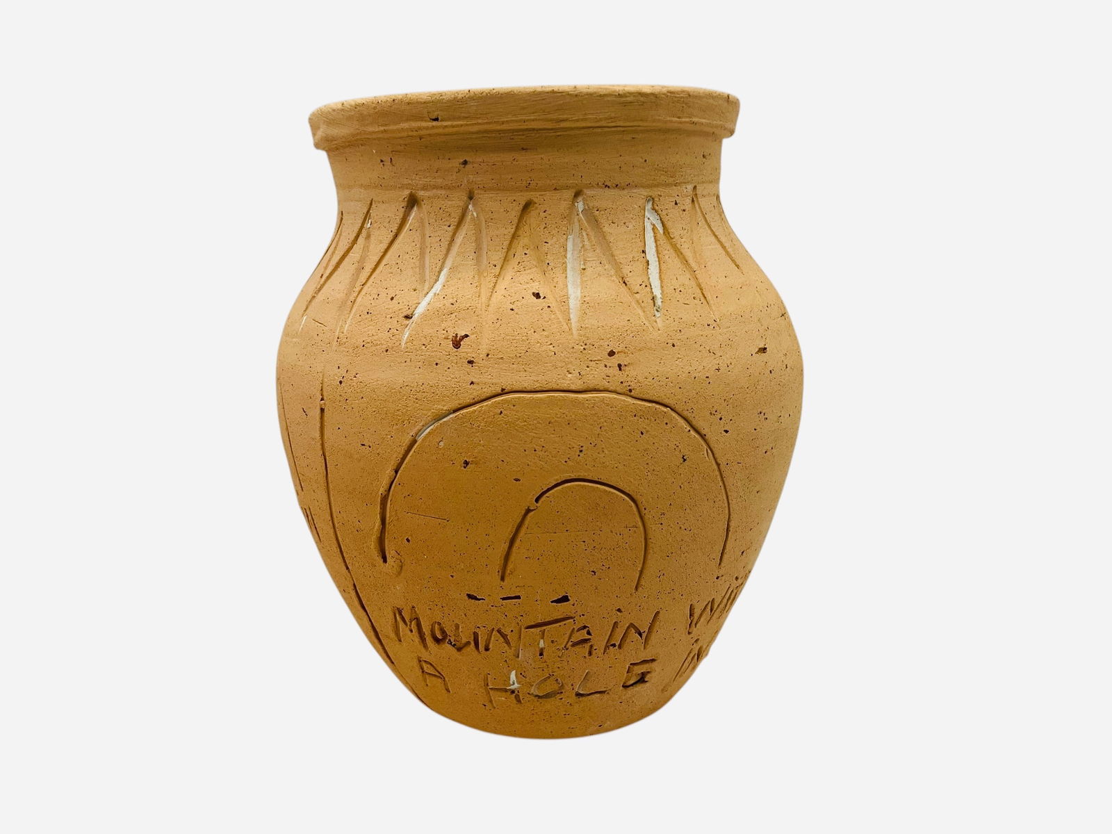 Crude Humor Pottery Vase: Mint condition. Unglazed. Maker unknown. The joke comes in three sections, from start to finish. 1) Mountain 2) Mountain with a hole in it 3) Man bending over in the shower. Bottom states "Made by a