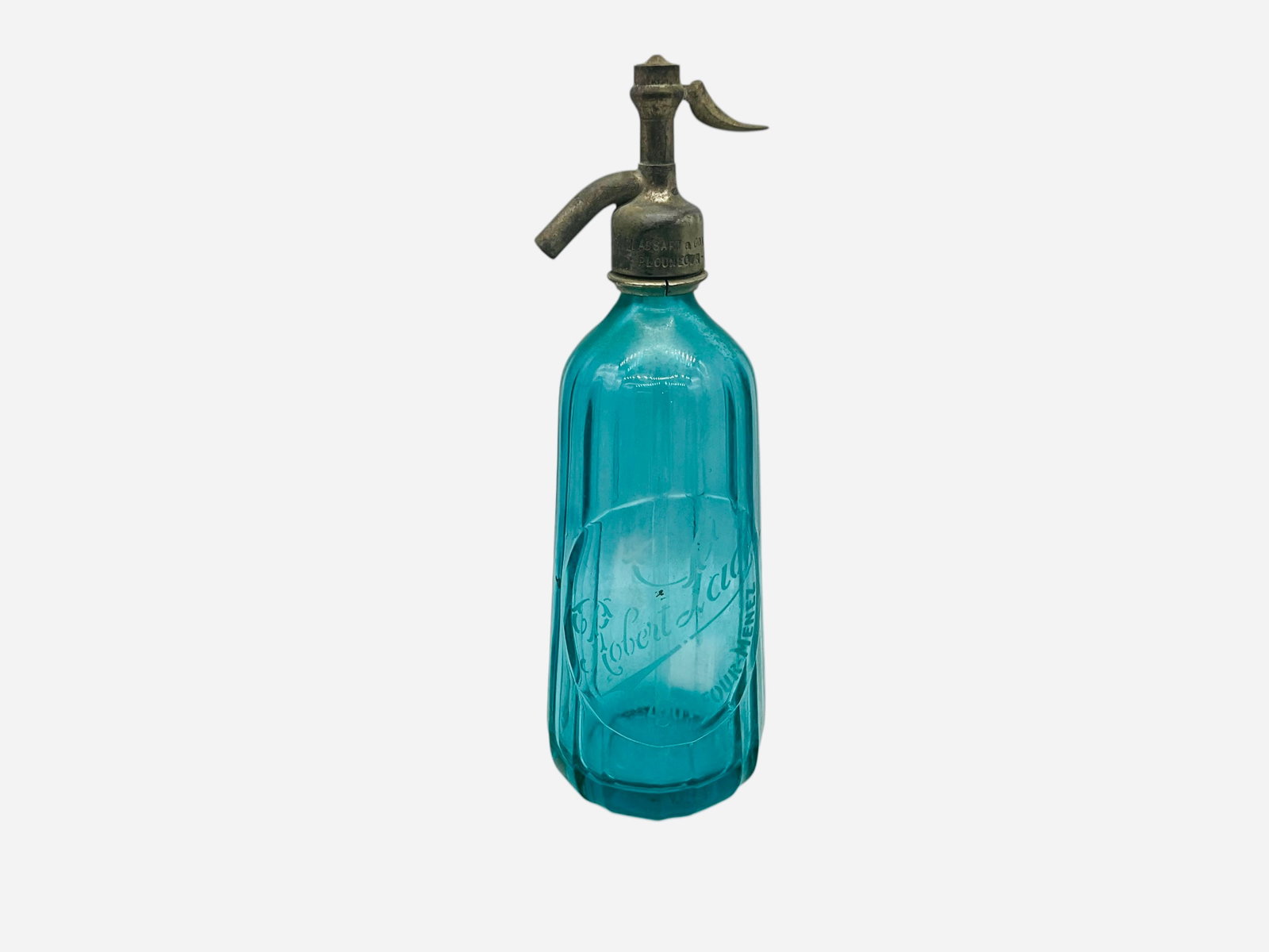 Vintage Blue Glass Seltzer Bottle - Robert Laot: Excellent condition. Marked Robert Laot Plouneour-Menez. Nozzle marked Plassart & Goarnisson. Bottom also etched. Measures 12.5"H x 4"L x 4"W.