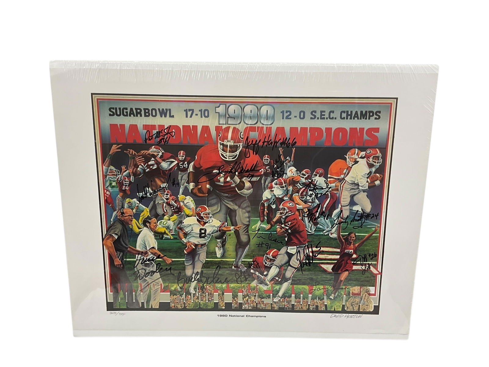 Autographed UGA 1980 National Champions Print: Excellent condition. Signatures have been deemed authentic. Signatures include Vince Dooley, Buck Belue, Herschel Walker, Jim Broadway, Rex Robinson, Scott Woerner, Nat Hudson, Frank Ross, Lindsay
