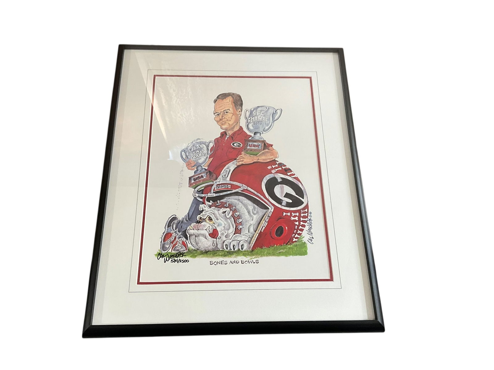 Framed UGA 'Bones & Bowls' Print by Cal Warlick: Excellent condition. Signed and numbered bottom left. Measures 28.25" x 23.5".