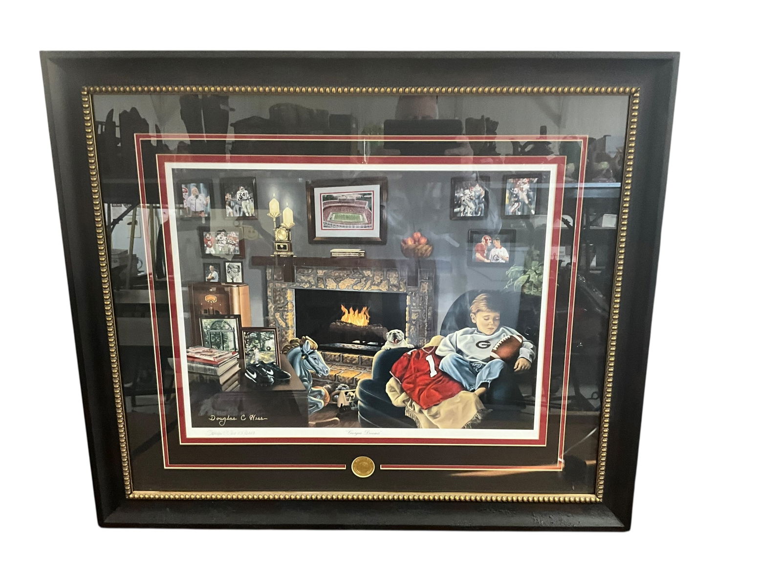 Large Framed UGA 'Georgia Dreams' Print by Douglas C. Hess: Excellent condition. Beautifully framed. Signed and numbered bottom left. Measures 32 3/8" x 38".