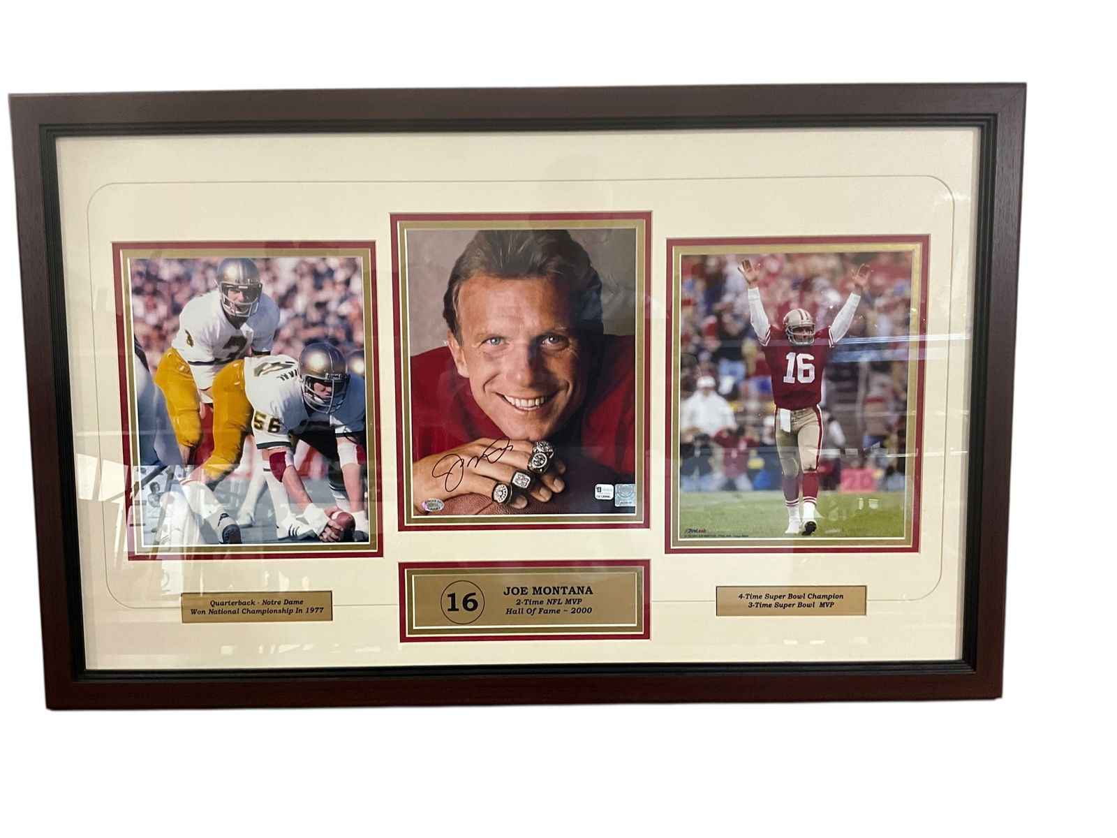 Framed Joe Montana Signed Photo: Excellent condition. Matted and framed. Middle photo is autographed. Stacks of Plaques COA on back. Measures 20.25" x 32.35".