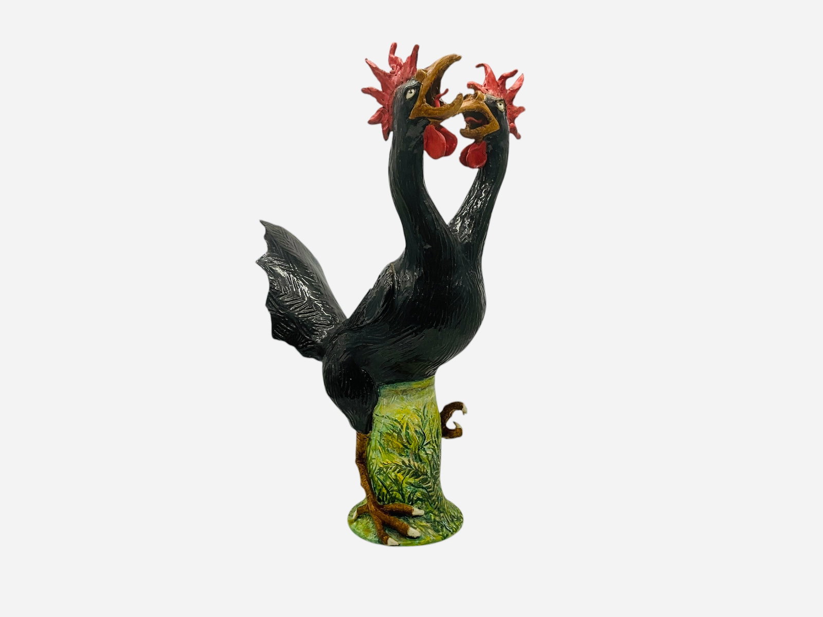 Large Double Headed Rooster - Maker Unknown: Mint condition. Signed 'Roar of 2 Minds' and dated 2006 on bottom. Maker unknown. Measures 22.5"H x 15"L x 8.5"W.