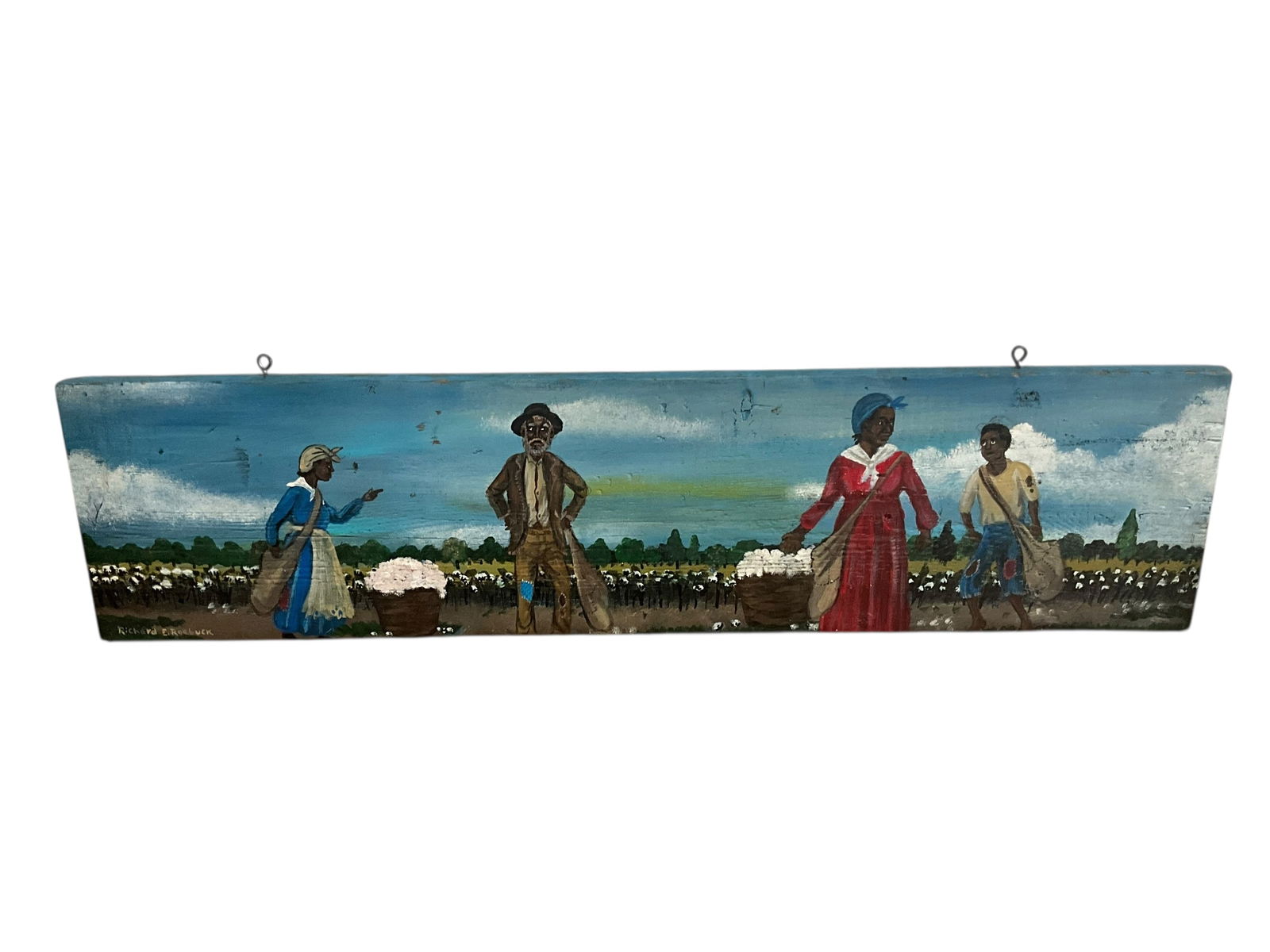 Richard Roebuck Folk Art Painting on Wood: Excellent condition. Cotton picking scene. Signed bottom left. Measures 8.5"H x 34"W.