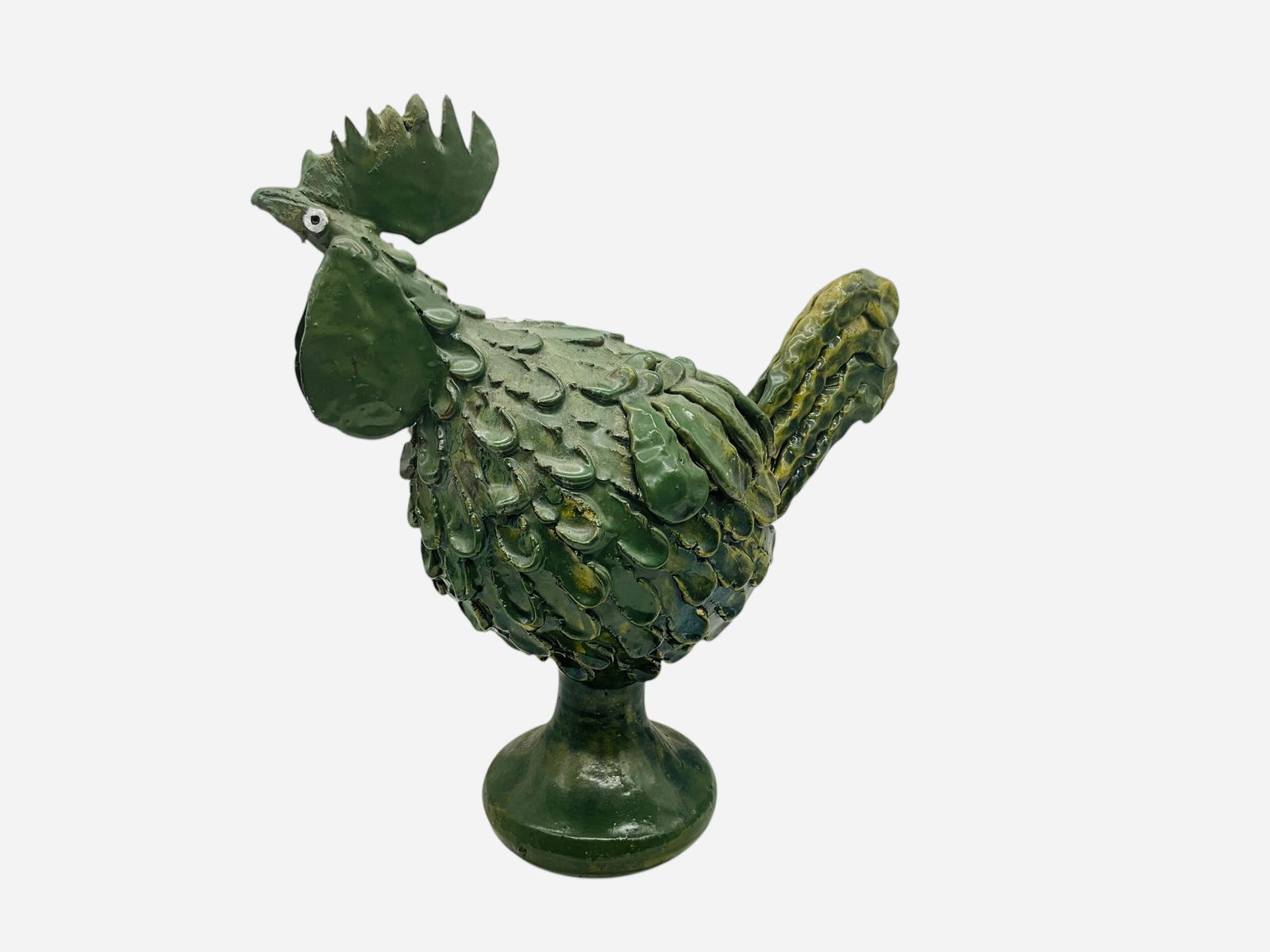 Todd Hewell Green Folk Pottery Rooster: Mint condition. Signed on bottom and base. Measures 16.25"H x 15"L x 7"W.