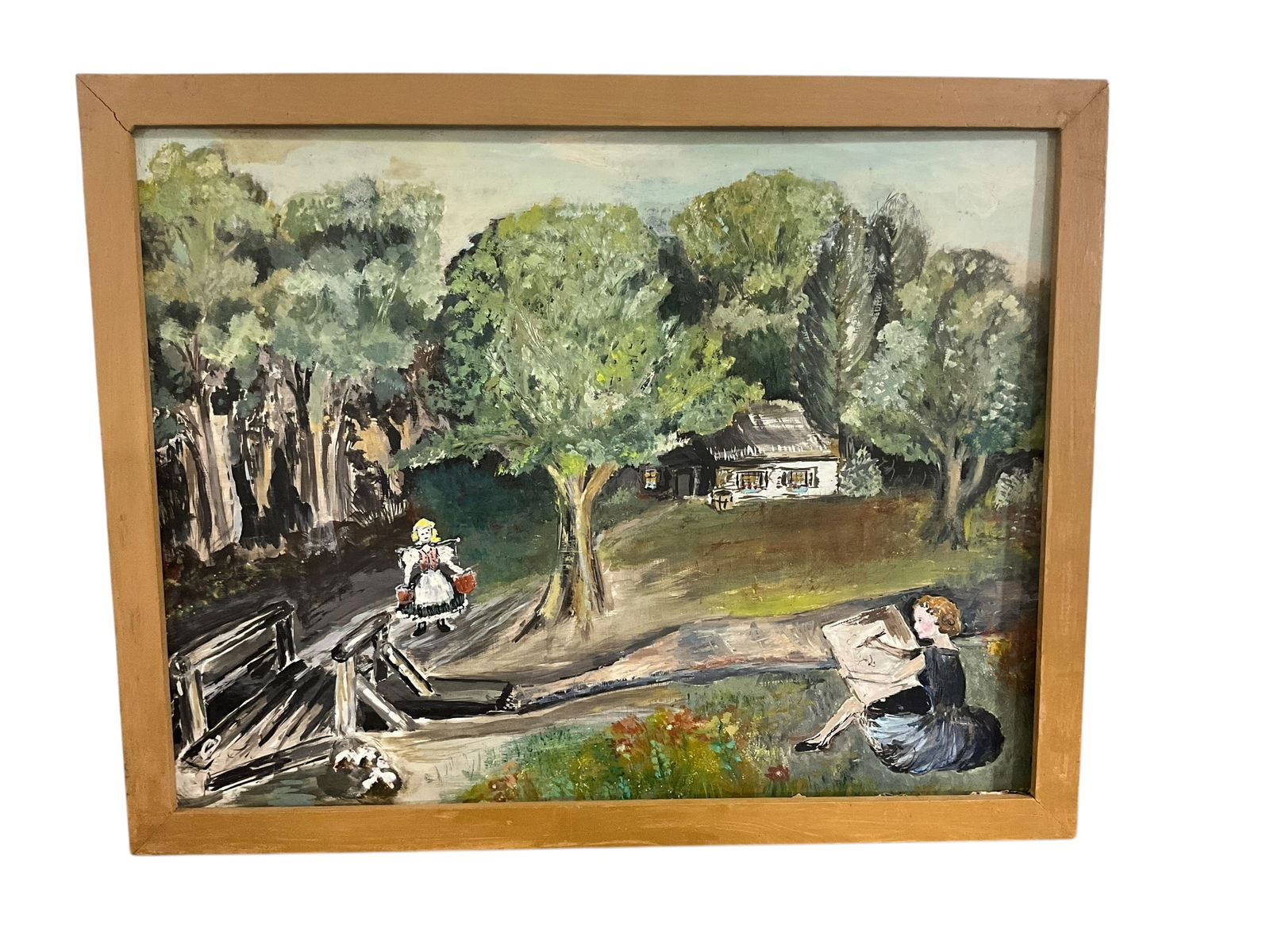 Artist Signed Folk Oil Painting on Board (1 of 2)