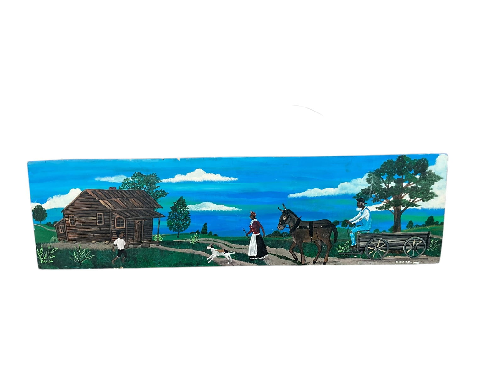Large Richard Roebuck Folk Art Painting: Excellent condition. A great Black Americana scene on wood. Signed bottom right. Measures 13.25" x 4 feet.