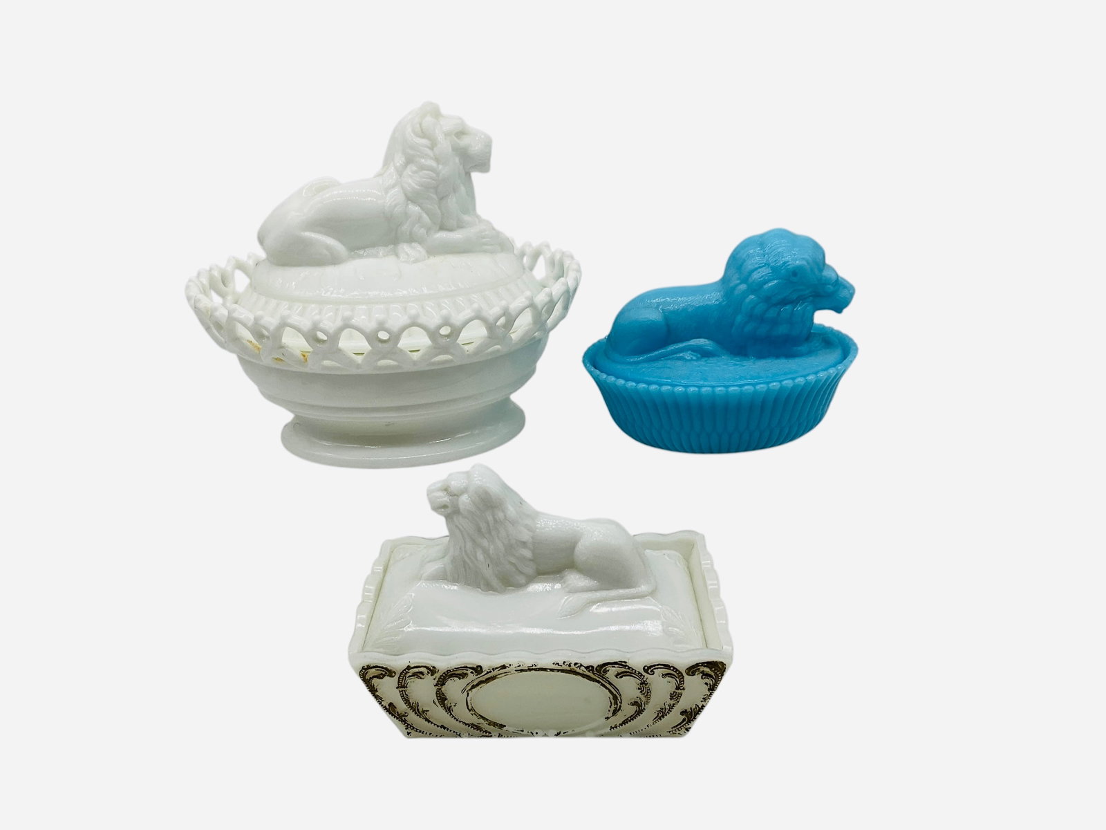 Lot Of 3 Milk Glass Lion Covered Dishes (1 of 4)