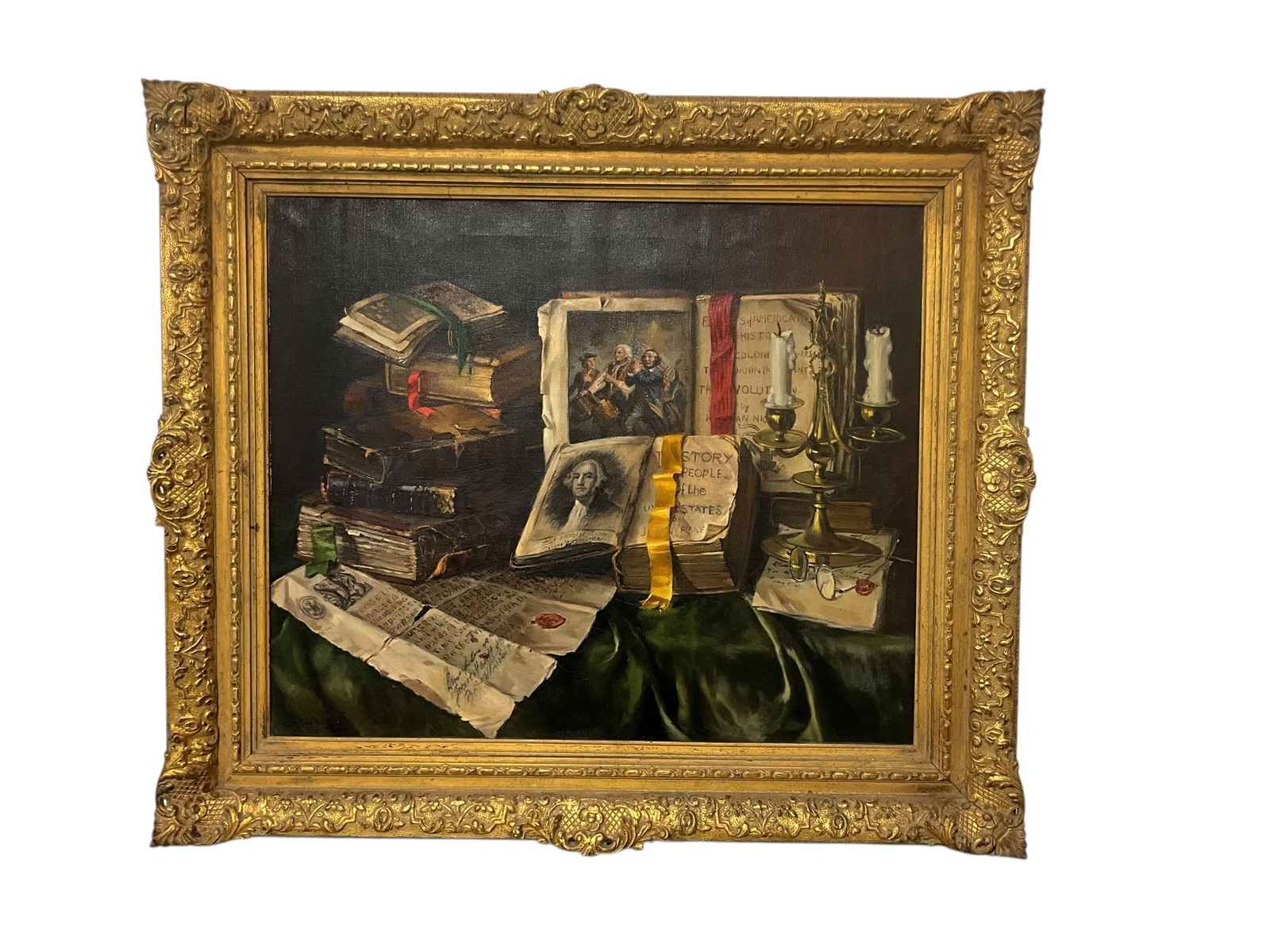 Ernest de Nagy Still Life with Books Oil On Canvas: Overall great condition. Original oil on canvas by Hungarian/American artist Ernest de Nagy (1881-1952). Signed twice on bottom left, once in red and once in black. Dated 1950. Beautifully framed. Fra