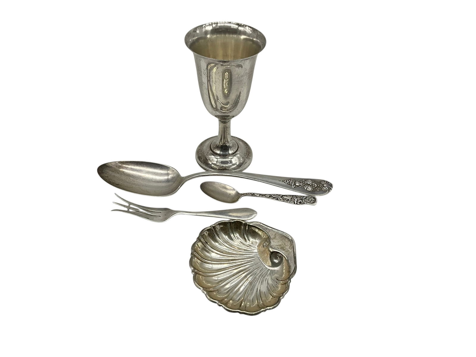 Misc. Sterling Silver - Goblet, Serving Spoon & More!: Overall good condition. Goblet is not monogrammed, stamped on bottom. Floral serving spoon is marked. Frank Whiting lemon fork. Demitasse spoon is marked and monogrammed on back. Shell tray also marke