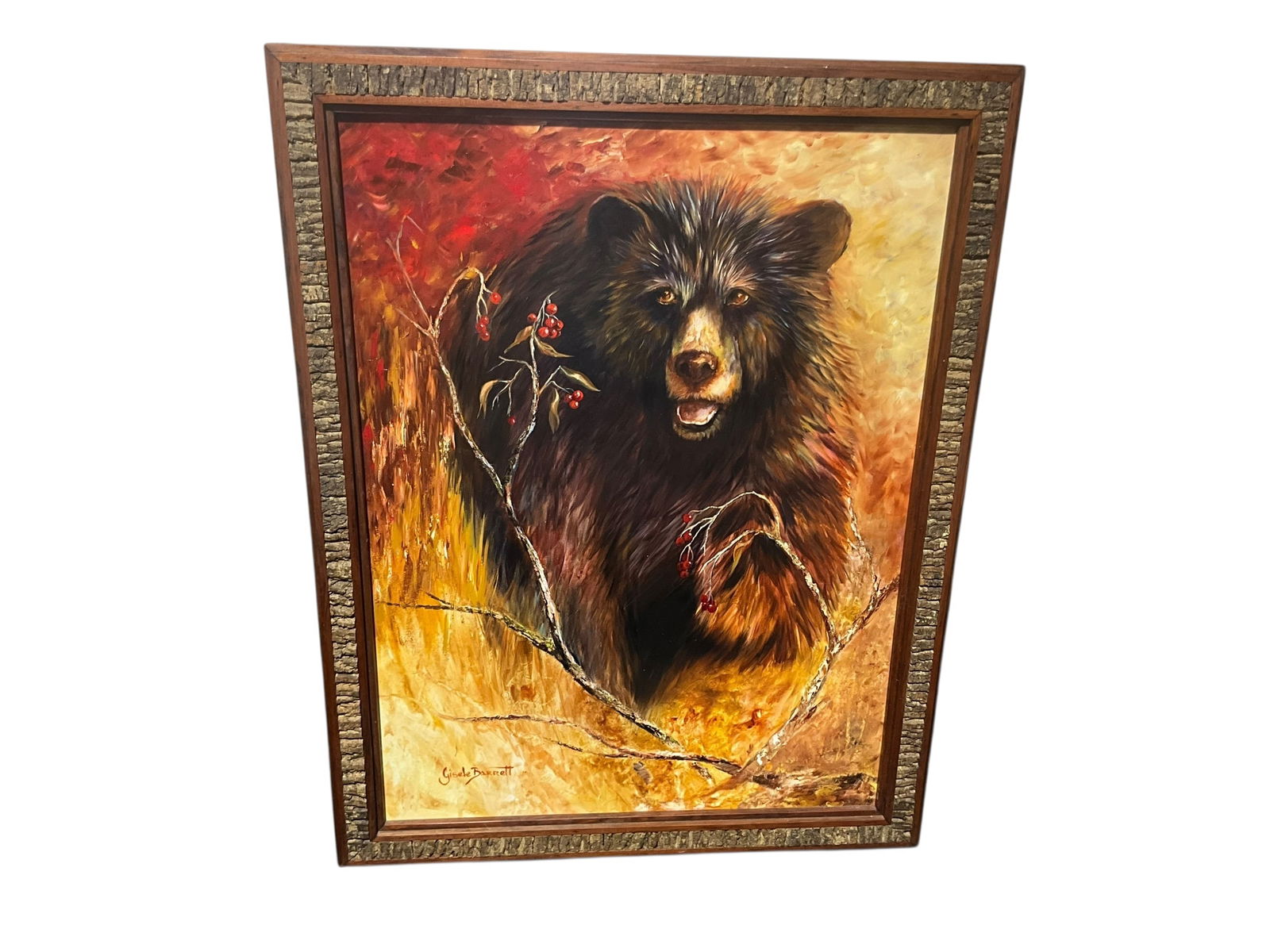 Large Framed Original Oil On Canvas "High Country Berries" By Gisele Barrett: Excellent condition. Frame measures 35 x 45 inches.