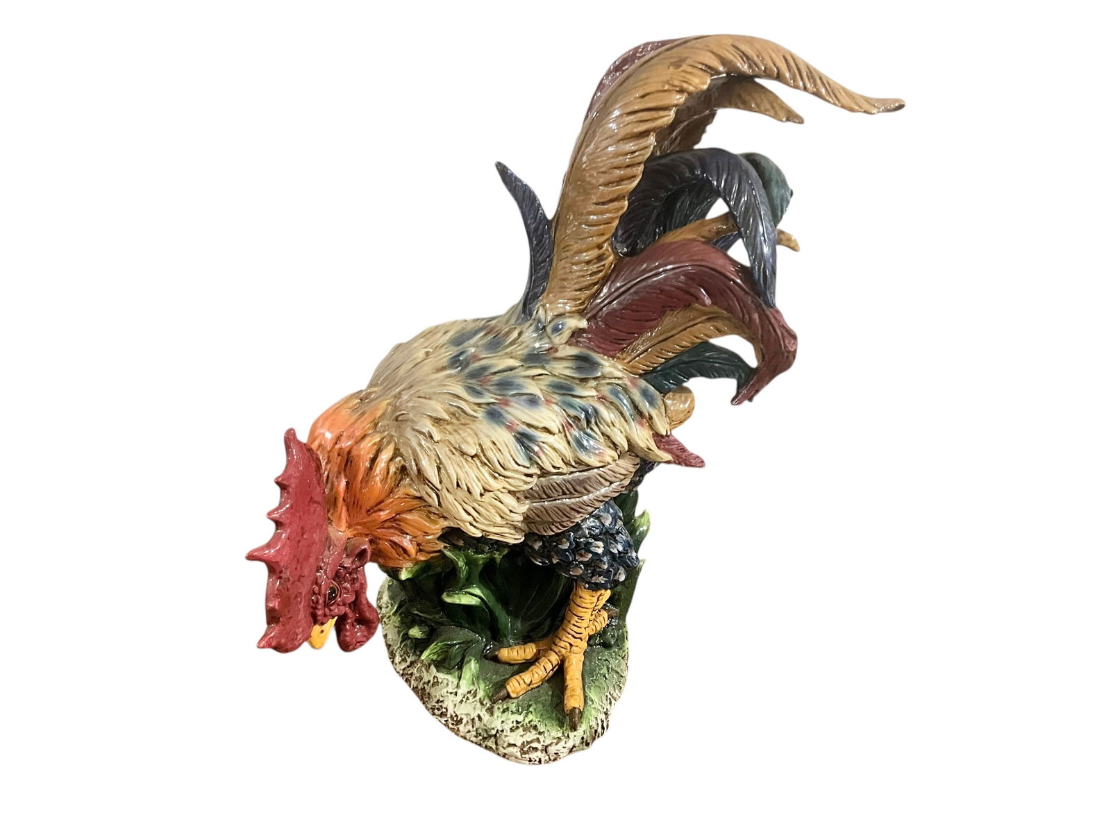 Monumental Blue Sky Clay Works Porcelain Rooster: Excellent condition. Sticker on bottom. One of the largest porcelain roosters we've seen. Measures 27"T x 20"L x 14"W.