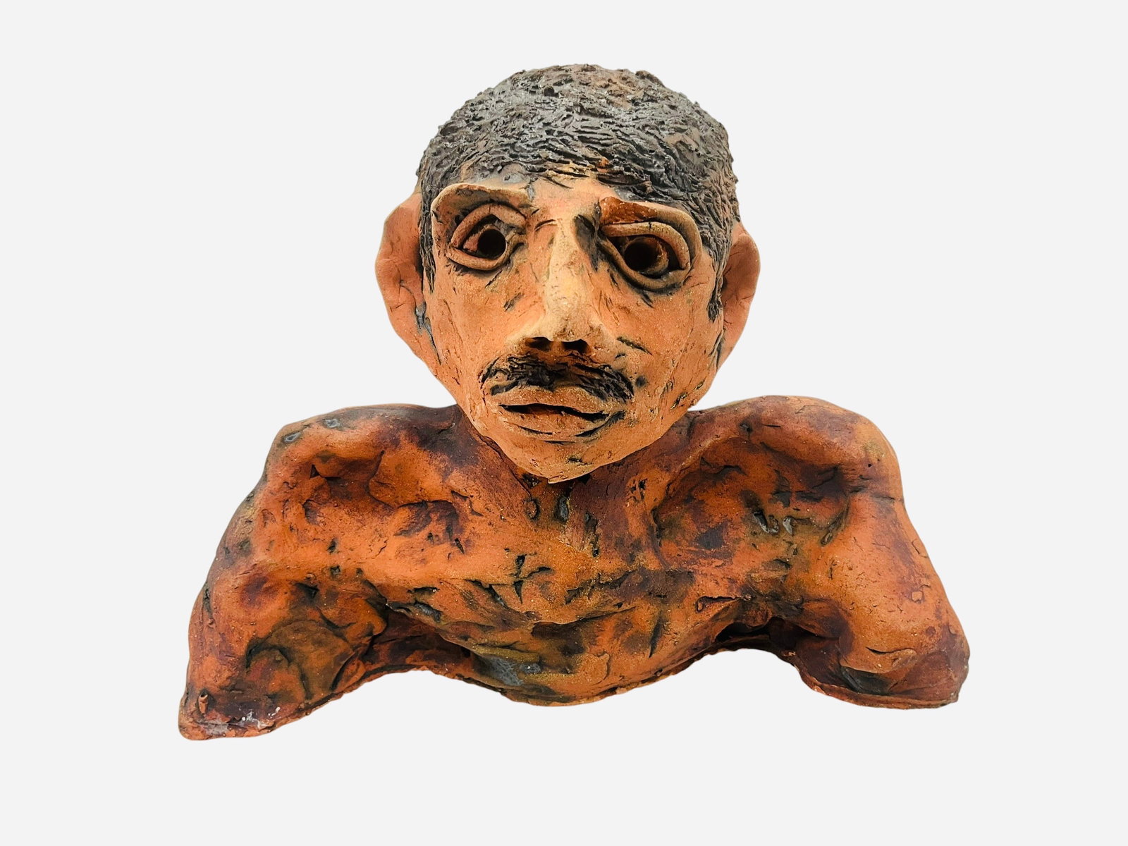 Folk Art Pottery Bust Signed MC 99: Measures 7 inches tall. Good condition. From an extensive pottery bust collection. See photos.