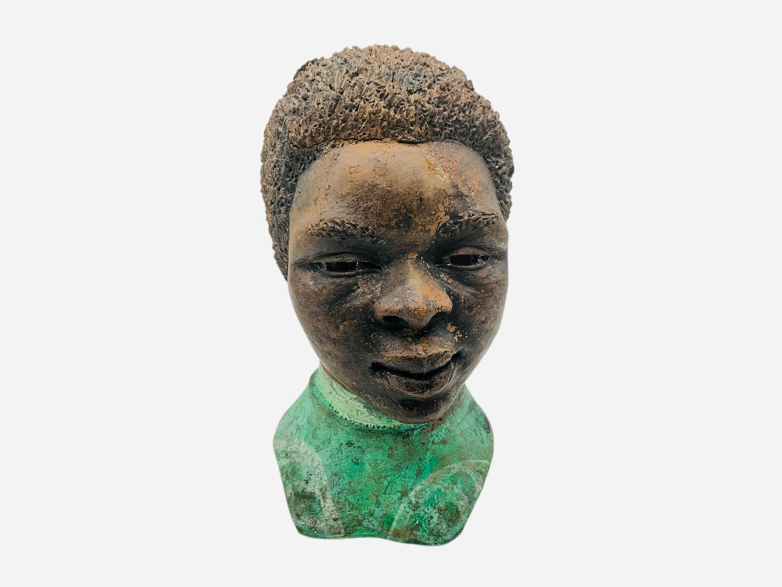 Pottery Bust of African Woman Signed LO: Excellent condition. Excellent detail and coloring. Signed 'LO' on back. Item measures 6"L x 4"W x 7.75"H.