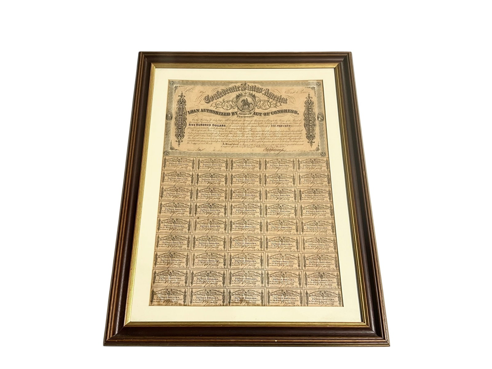Framed $500 Civil War 1864 Confederate Bond Sheet Uncut (1 of 6)
