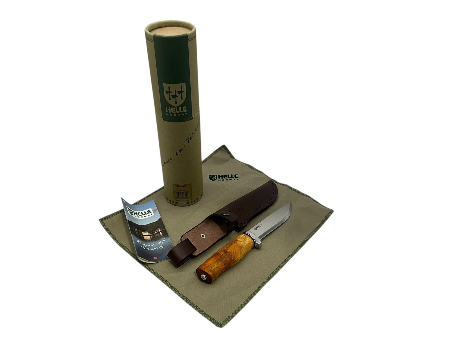 New Helle GT Fixed Blade Knife w/ Leather Sheath: Mint condition. New in box. Leather Helle Sheath, fabric and book included inside box. Total length is 9.25 inches.