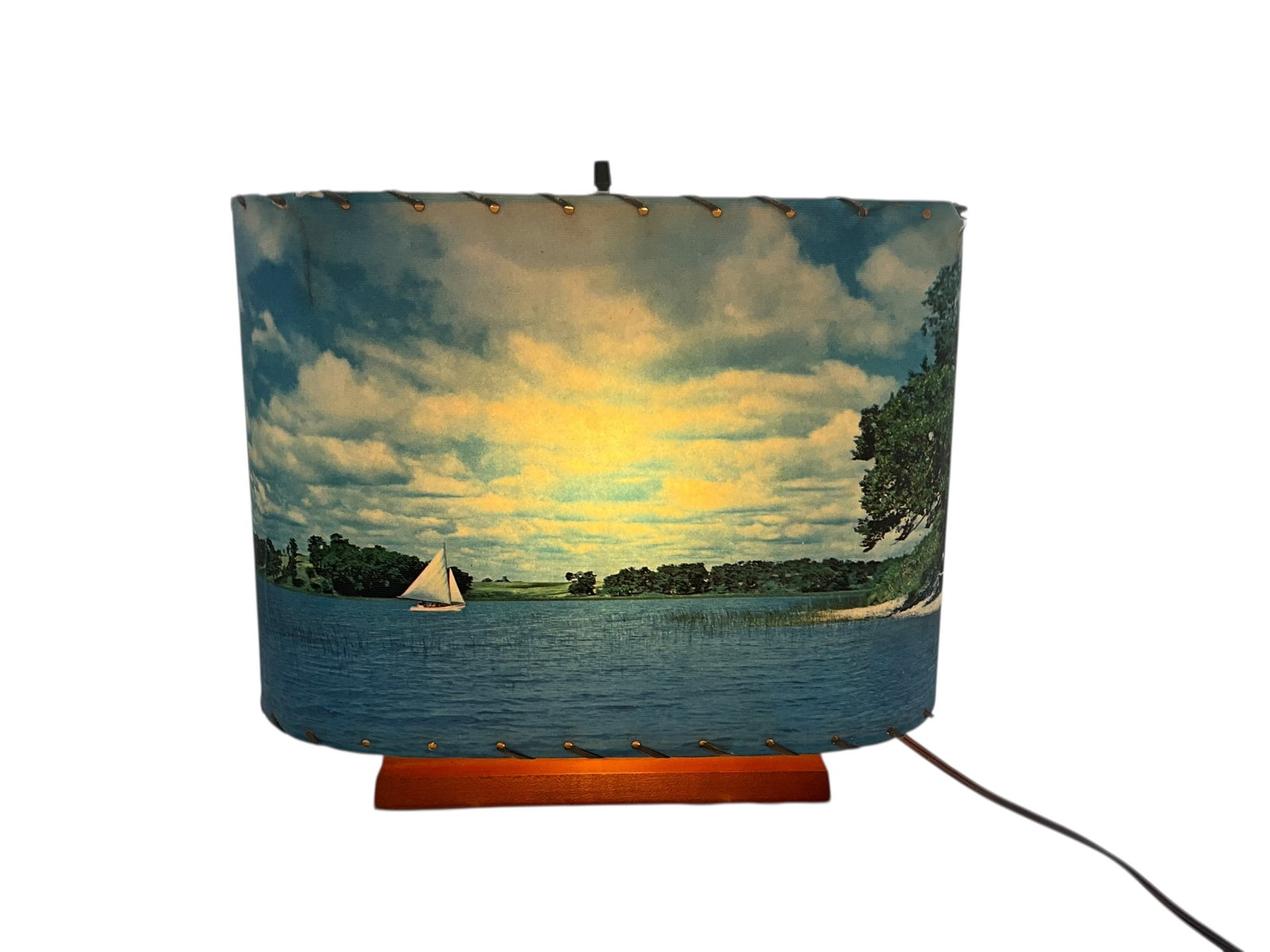 Mid Century Helmscene Sailing Twin Lakes Lamp: Excellent, working condition. Marked on bottom of base 'No. 64 Sailing on Twin Lakes Wisconsin.' Measures 13.5"L x4"W x 11.25"H.