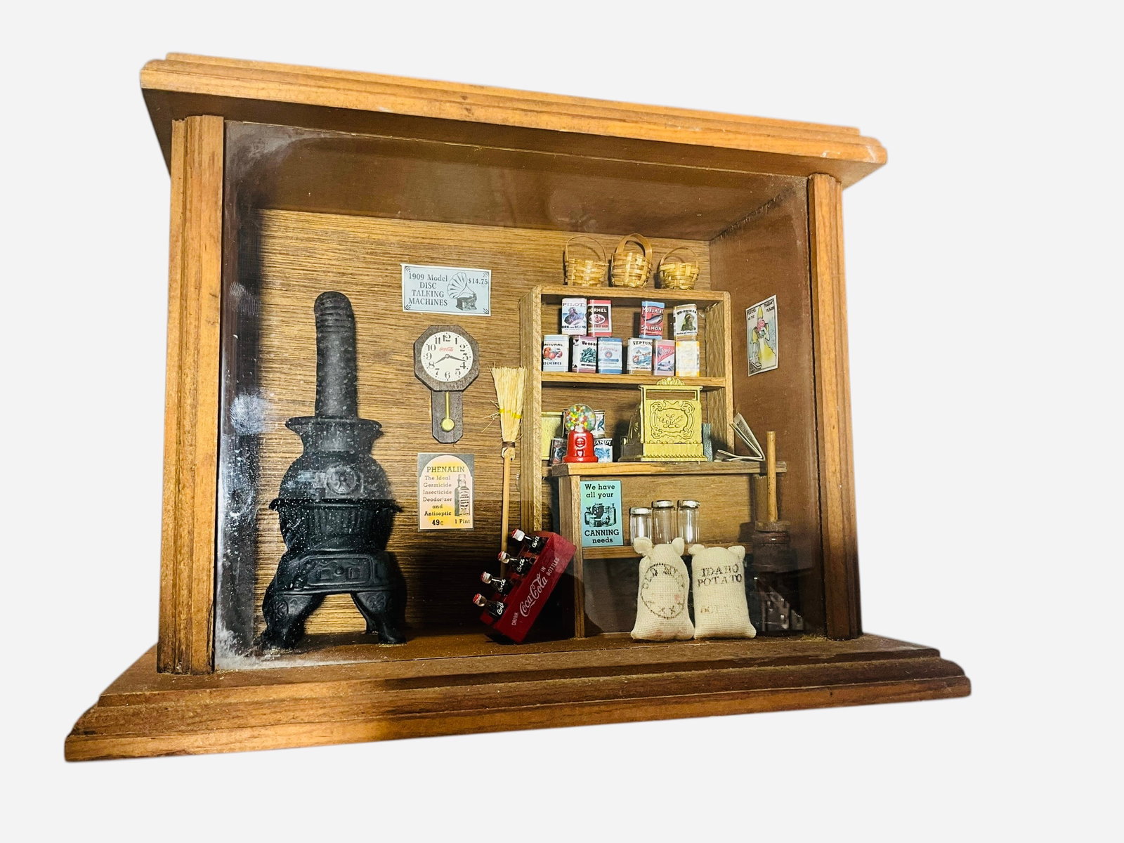 General Store Shadow Box By Gary Smith 1989: 12 3/4 inches wide x 6 inches deep x 10 inches tall. Signed and dated on back.