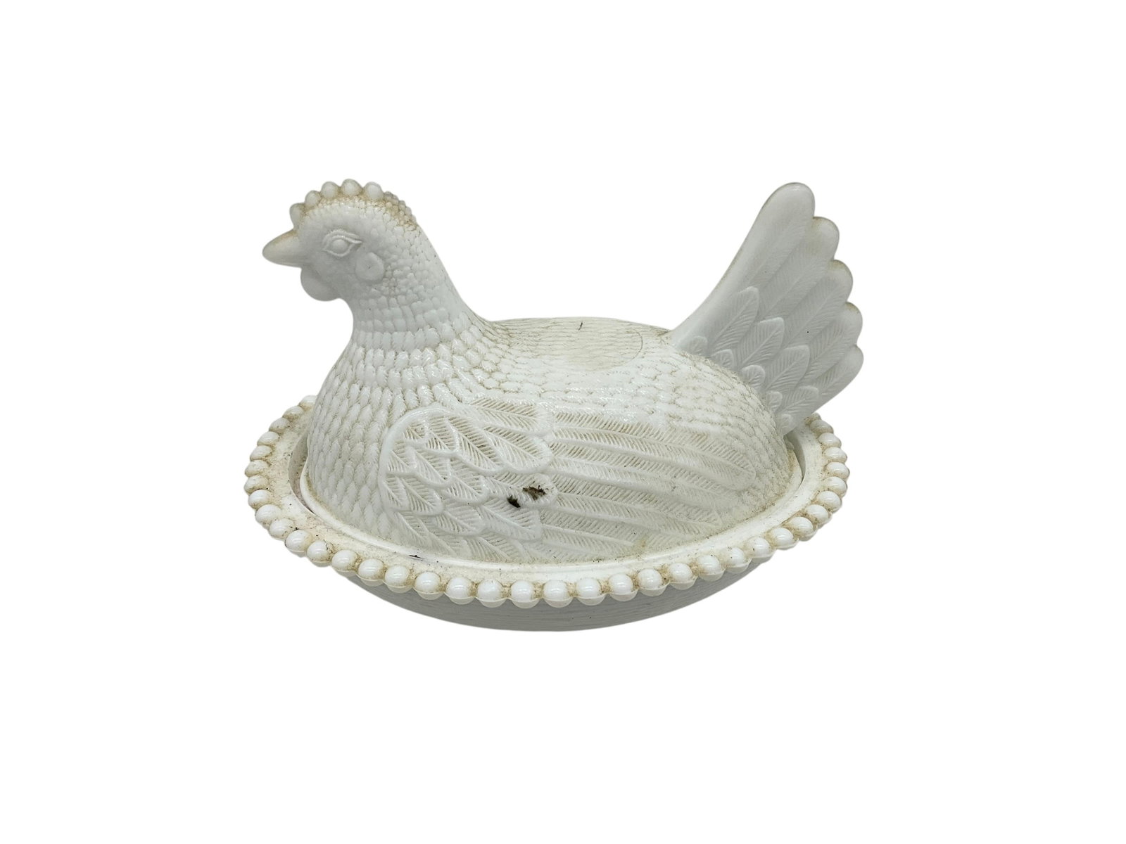 Indiana Milk Glass Hen on Nest: Excellent condition. Measures 7": x 5.5"W x 5". Needs cleaning. 