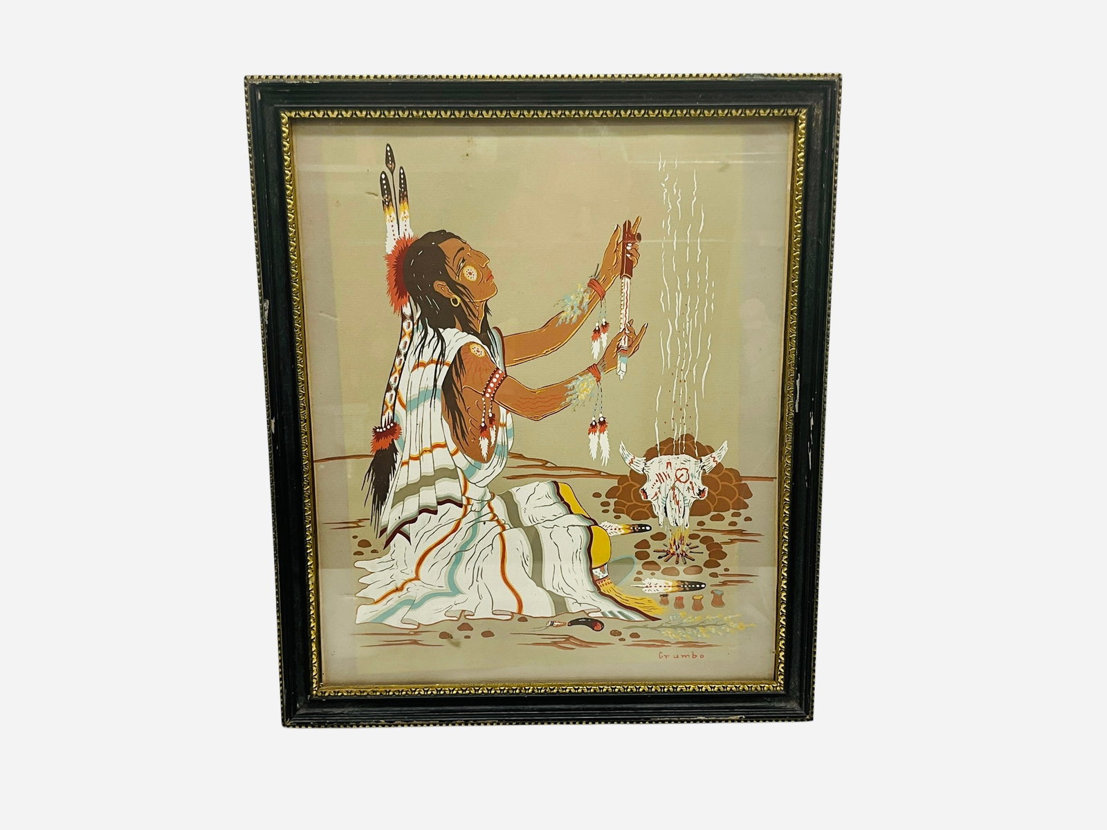 Framed Woody Crumbo 'Peace Offering' Silk Screen: Great condition. Info about artist on back. Item is framed and measures 13.75" x 11.75".
