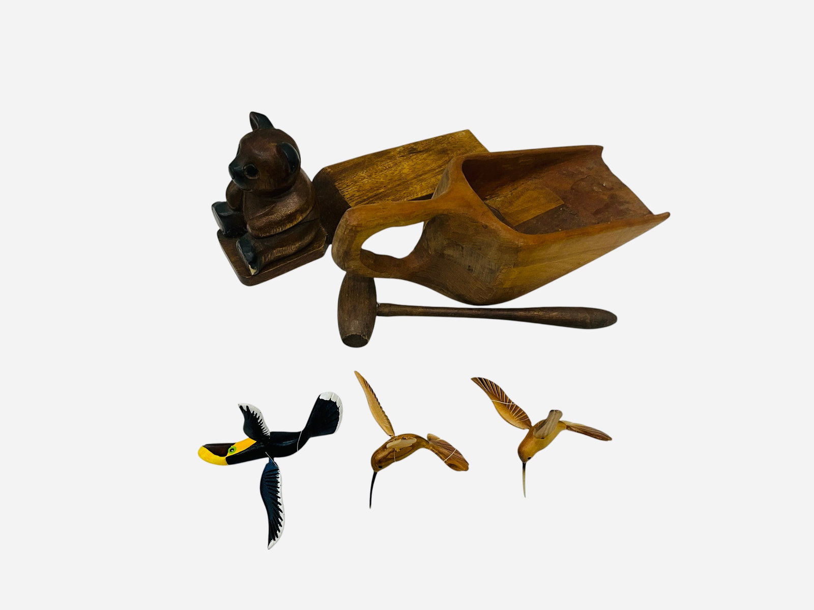 Carved Wood Lot Bear Doorstop / Scoop / Birds / Hammer: See photos. 