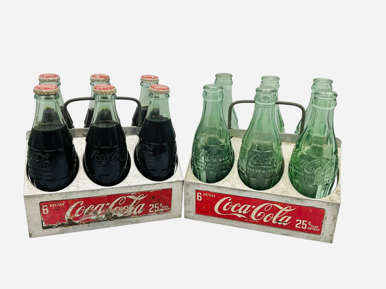 Pair Vintage Coca Cola Metal Carriers With Bottles: Good vintage condition. 