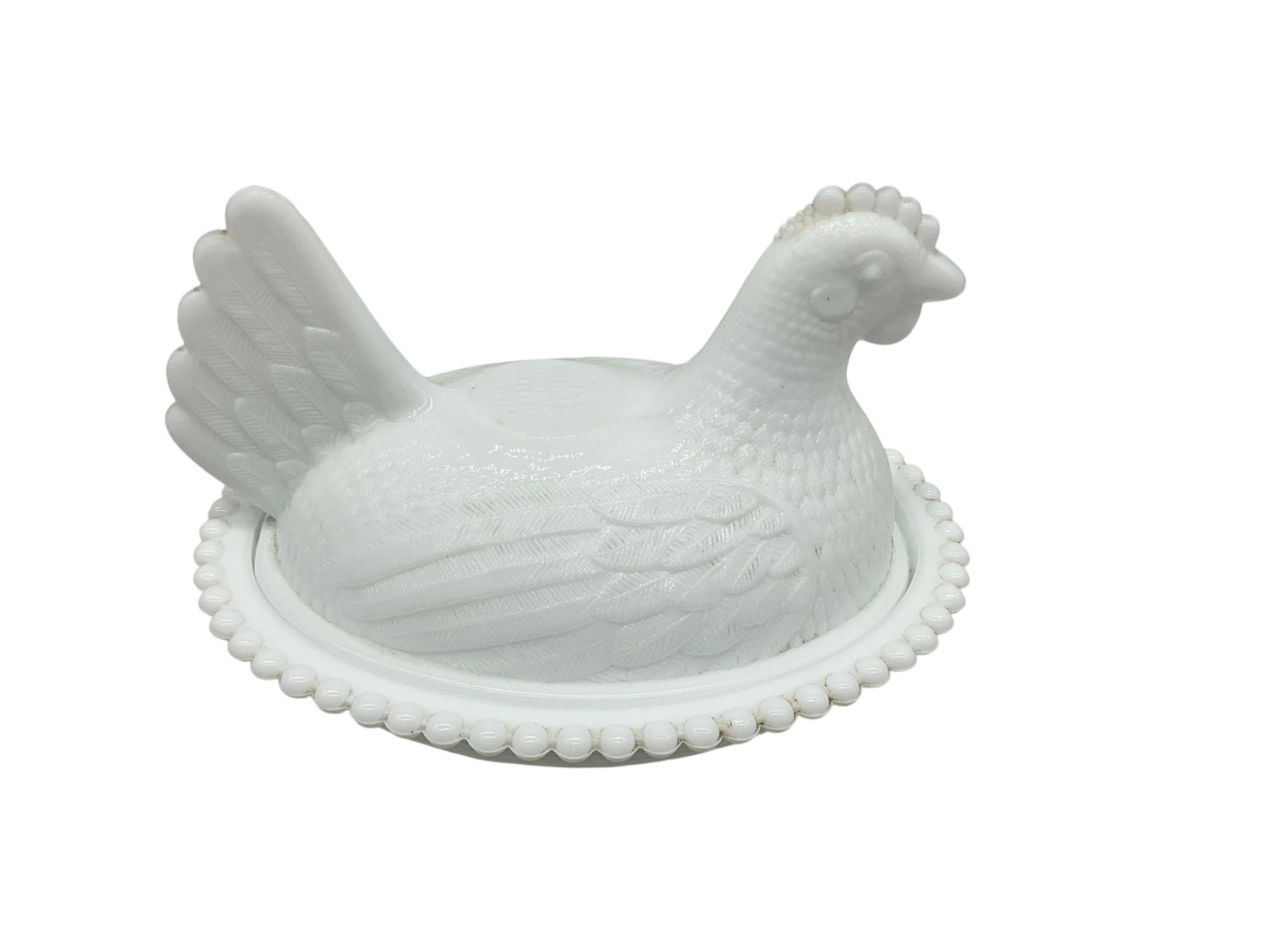 Vintage Milk Glass Hen On Nest: 7 inches long. Hairline crack on lid. See photos. 