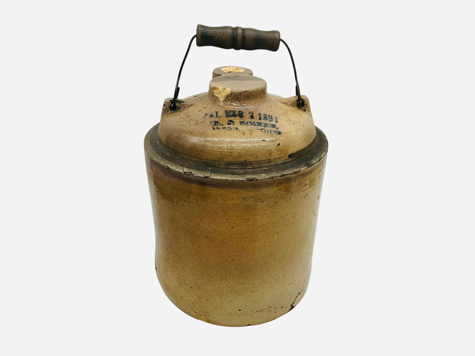 Antique 1897 Akron Ohio Stoneware Jug: Overall good condition. Small chip at top measures .75 inches. Can make out about half of the cobalt markings at top. Maker unknown. Stands 9 inches.